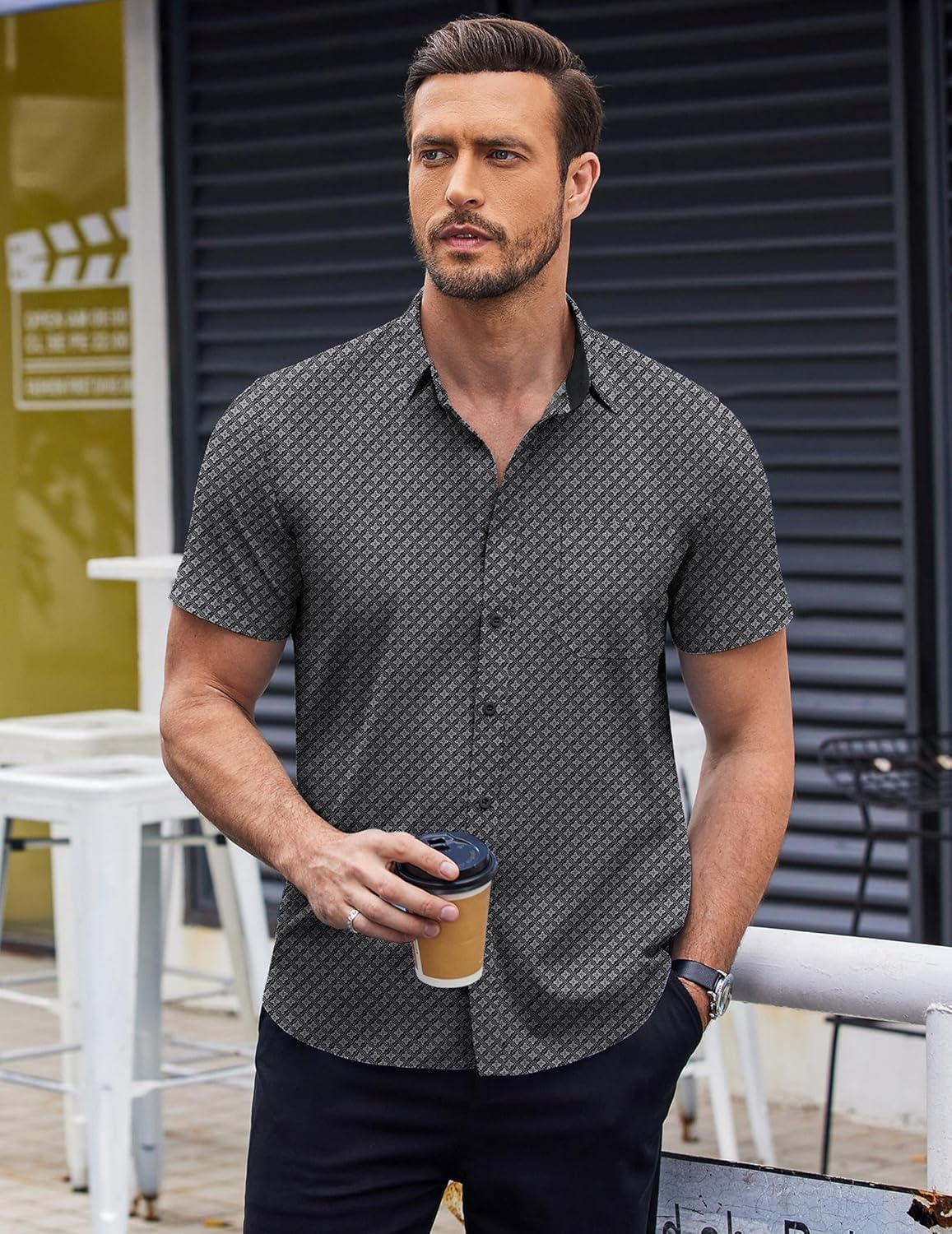 COOFANDY Mens Short Sleeve Button Down Shirts Wrinkle Free Dress Shirts Casual Polka Dot Print Shirt with Pocket - Image 2