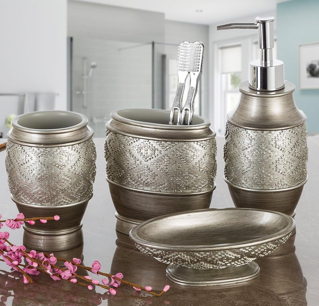Creative Scents Dublin Silver Bathroom Accessory Set - Brushed Silver Bathroom Sets Accessories - 4 Piece Bathroom Set Includes: Soap Dispenser, Toothbrush Holder, Soap Dish and Tumbler - Image 2