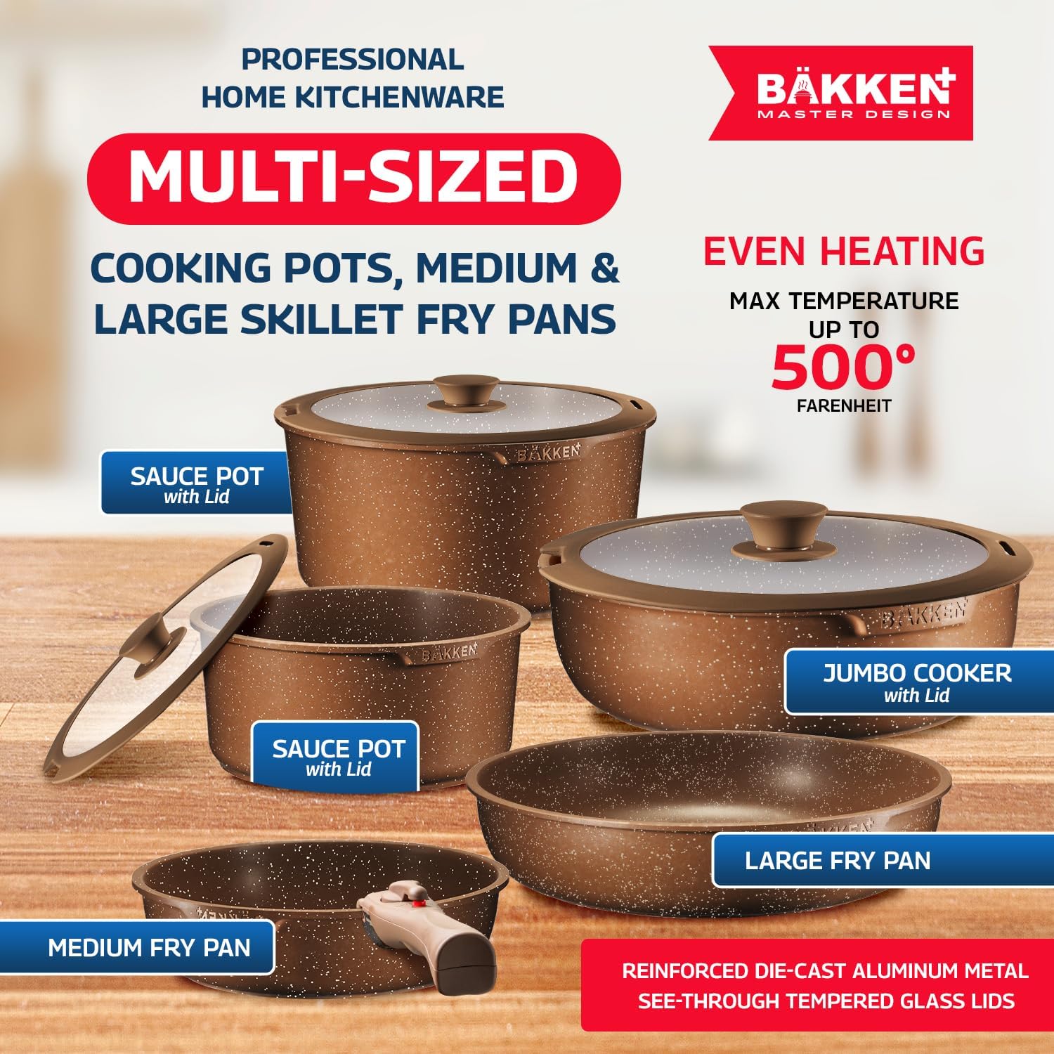 Bakken Master 38 Piece Granite Cookware and Bakeware Set – Nonstick Granite Coating, Pots and Pans with Detachable Handles and Tempered Glass Lids, 6-piece Bakeware set, 12-piece Mixing Bowls,Brown - Image 3