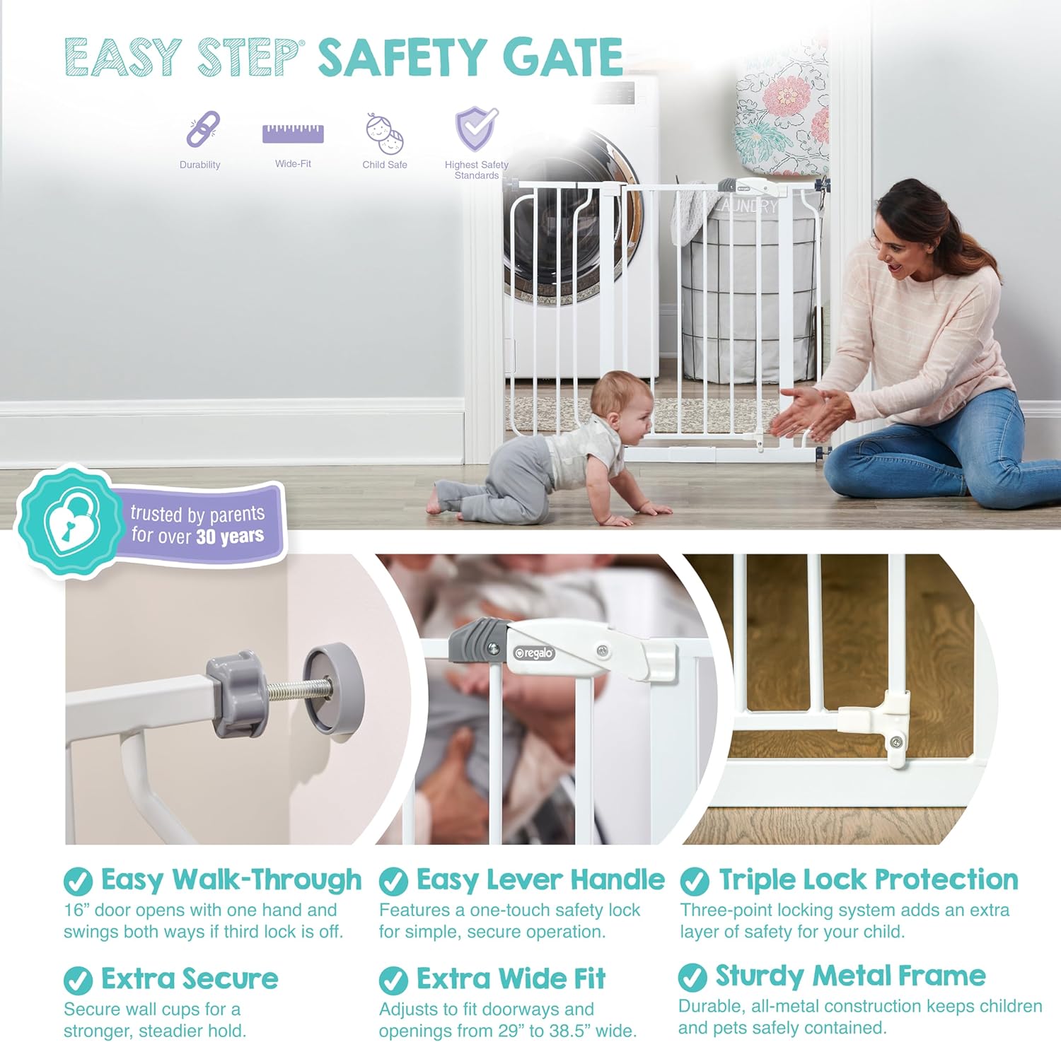 Regalo Safety 29-38.5" Baby Gate for Doorways & Bottom of Stairs, Pressure Mounted Baby Gate with Door for Babies, Toddlers & Pets, Tested & Safe for 30 Years, American Designed, American Owned, White - Image 4