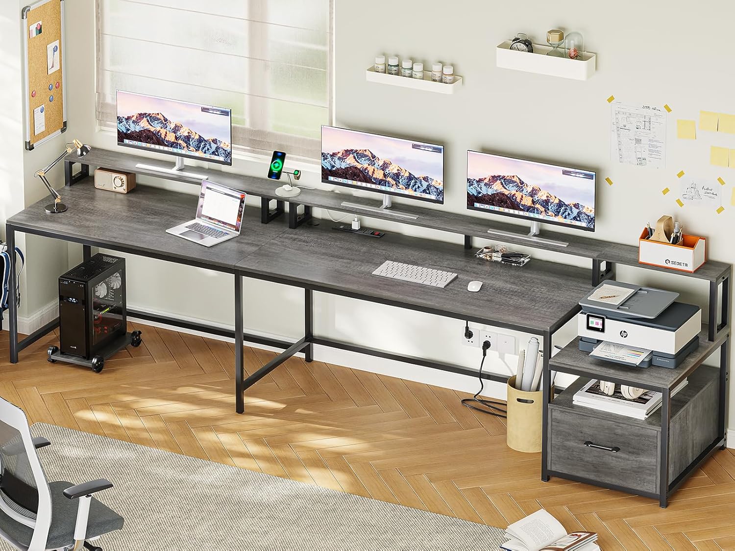 SEDETA L Shaped Desk, 66" Home Office Desk with Wood File Drawer & Power Outlet, Gaming Desk with Led Lights, Corner Computer Desk with Monitor Shelf, Printer Storage Shelves, Two Person Desk, Grey - Image 9