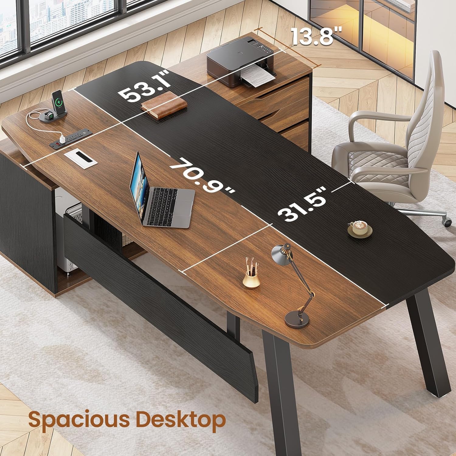 SEDETA 71" Executive Desk with File Cabinet, Large Office Desk with Drawers and Shelves, L Shaped Computer Desk with Power Outlets, Business Furniture Desk Workstation for Home Office, Walnut - Image 3
