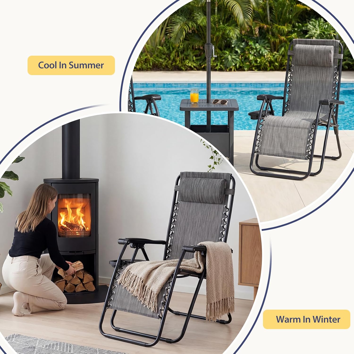 Sweetcrispy Zero Gravity Chairs, Set of 2 Portable Recliner Beach Camping Patio Outdoor Folding Lounge Chair with Cup Holder Trays and Adjustable Pillow for Poolside, Garden, Backyard, Lawn (Grey) - Image 4