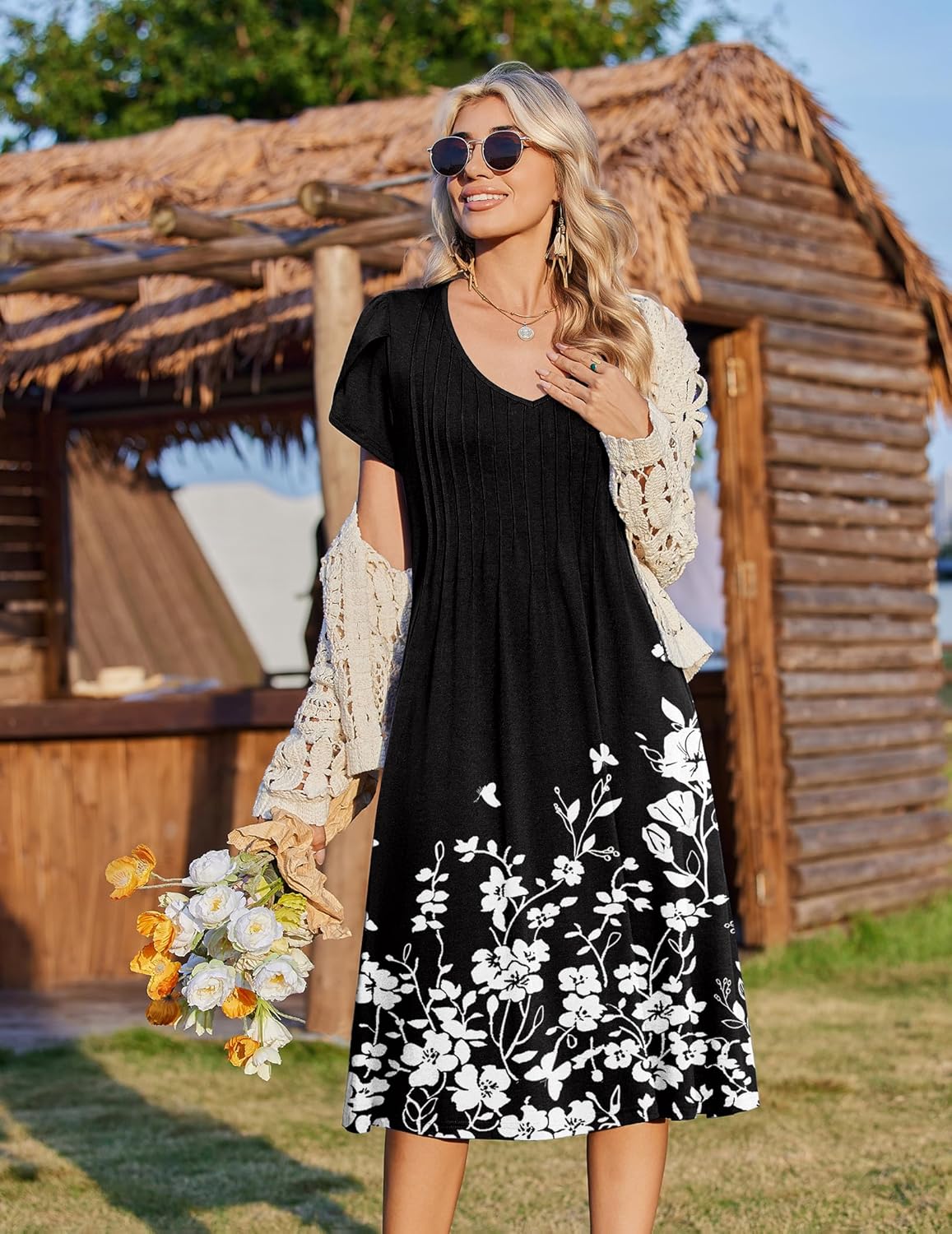 Zeagoo Womens Casual Summer Dress 2026 Short Sleeve Dresses Pleats Midi A Line Flowy Dress Boho Beach Sundress with Pockets - Image 2