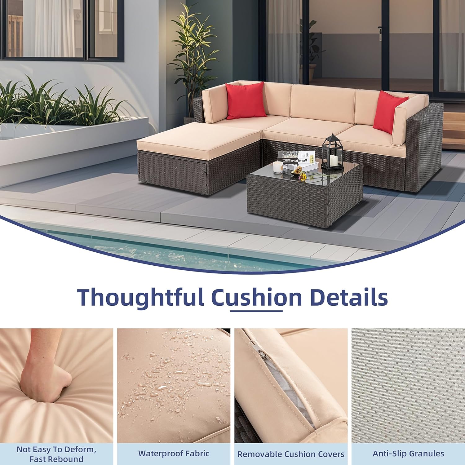 Vongrasig 5 Piece Patio Furniture Sets, Outdoor Patio Set Sectional Sofa, All-Weather PE Rattan Outdoor Couch with Ottoman, Glass Table for Garden, Backyard, Porch, Beige - Image 5