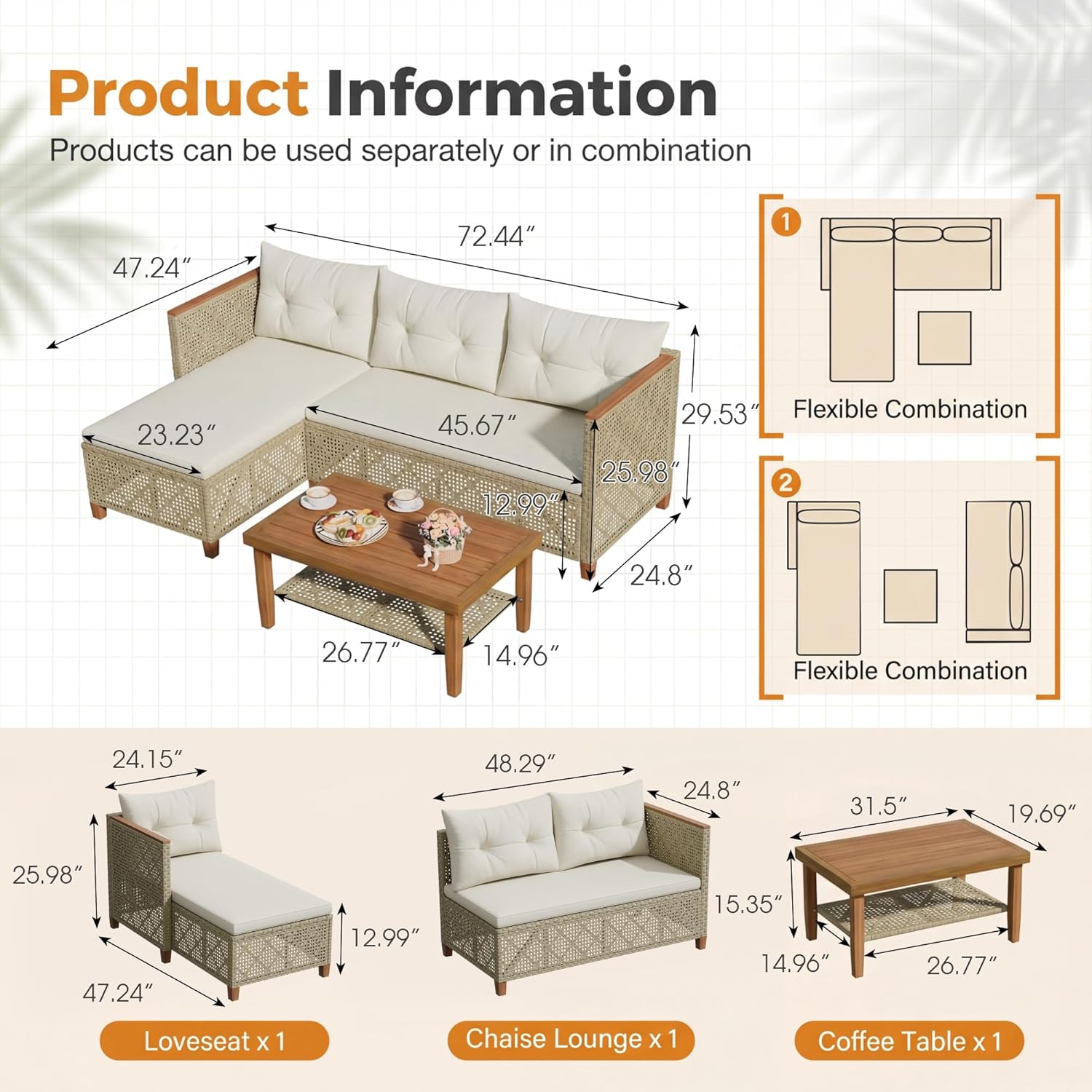 Devoko Wicker Patio Furniture Set, 3 Pieces Outdoor Sofa with Tufted Pillow,PE Rattan Small Sectional Couch Set for Backyard, Deck,Porch & Poolside(Brown) - Image 2
