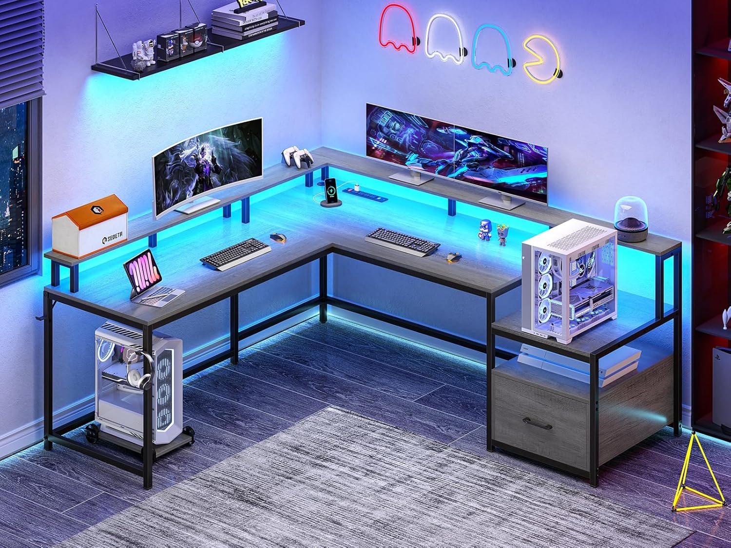 SEDETA L Shaped Desk, 66" Home Office Desk with Wood File Drawer & Power Outlet, Gaming Desk with Led Lights, Corner Computer Desk with Monitor Shelf, Printer Storage Shelves, Two Person Desk, Grey - Image 2