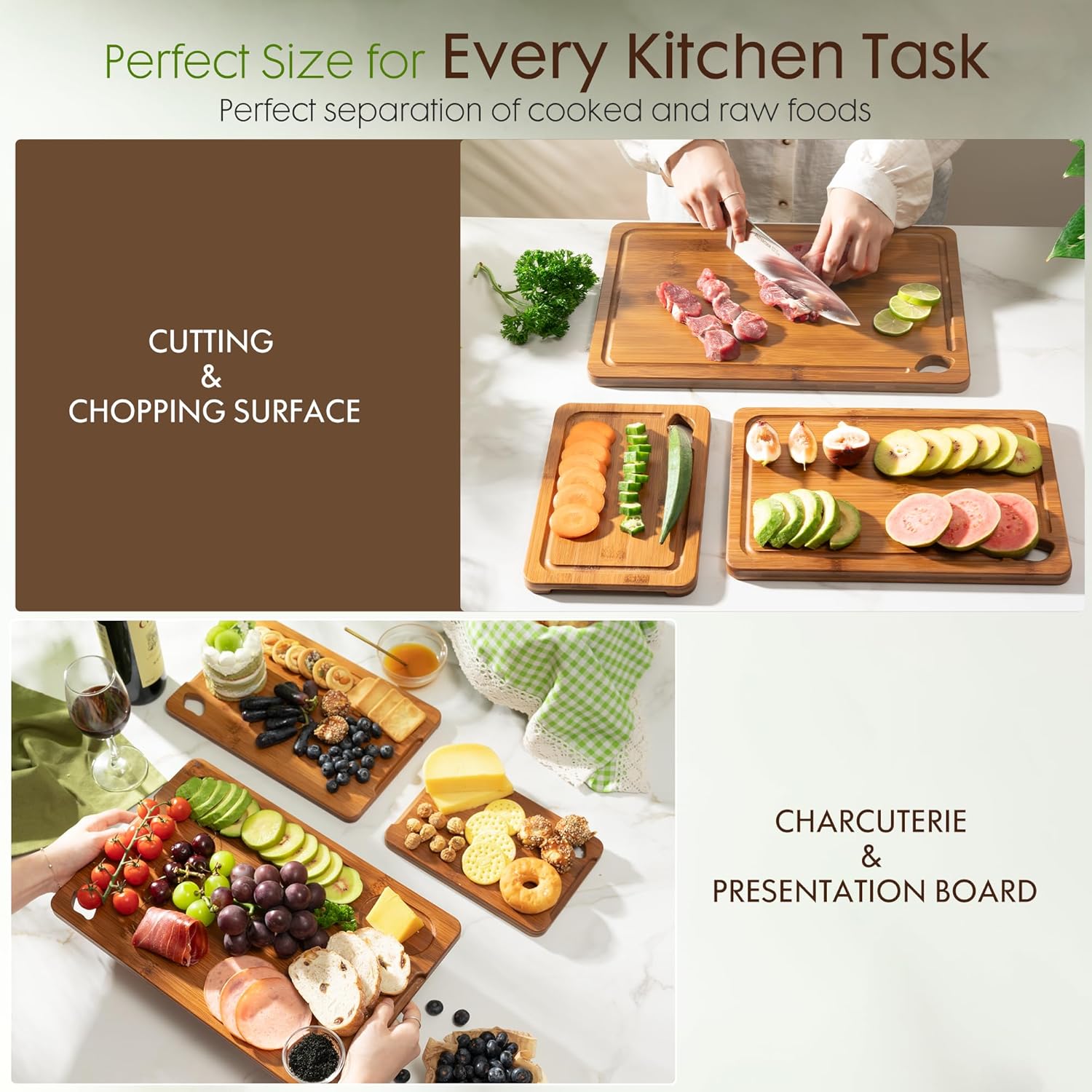 Astercook Deep-Carbonized Bamboo Cutting Boards for Kitchen with Wood Storage Stand, Reversible Charcuterie & Chopping Boards with Juice Grooves and Easy-Grip Handles, Mothers Day Gifts - Image 2