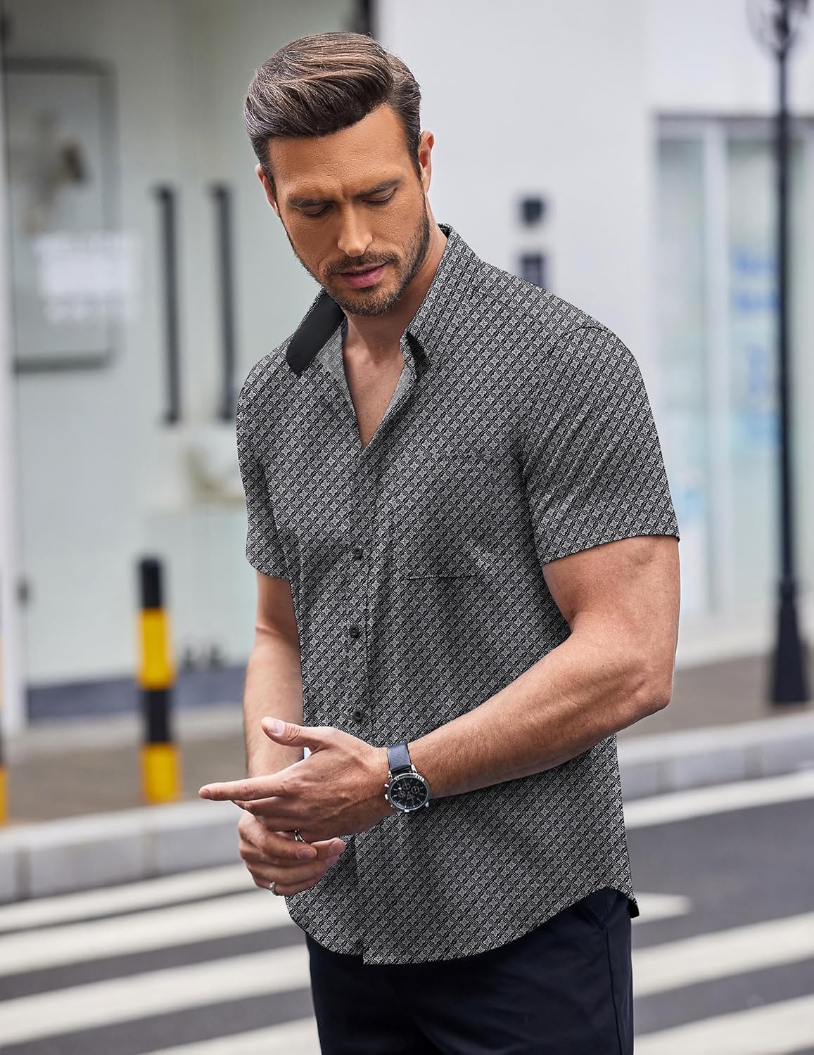 COOFANDY Mens Short Sleeve Button Down Shirts Wrinkle Free Dress Shirts Casual Polka Dot Print Shirt with Pocket - Image 3