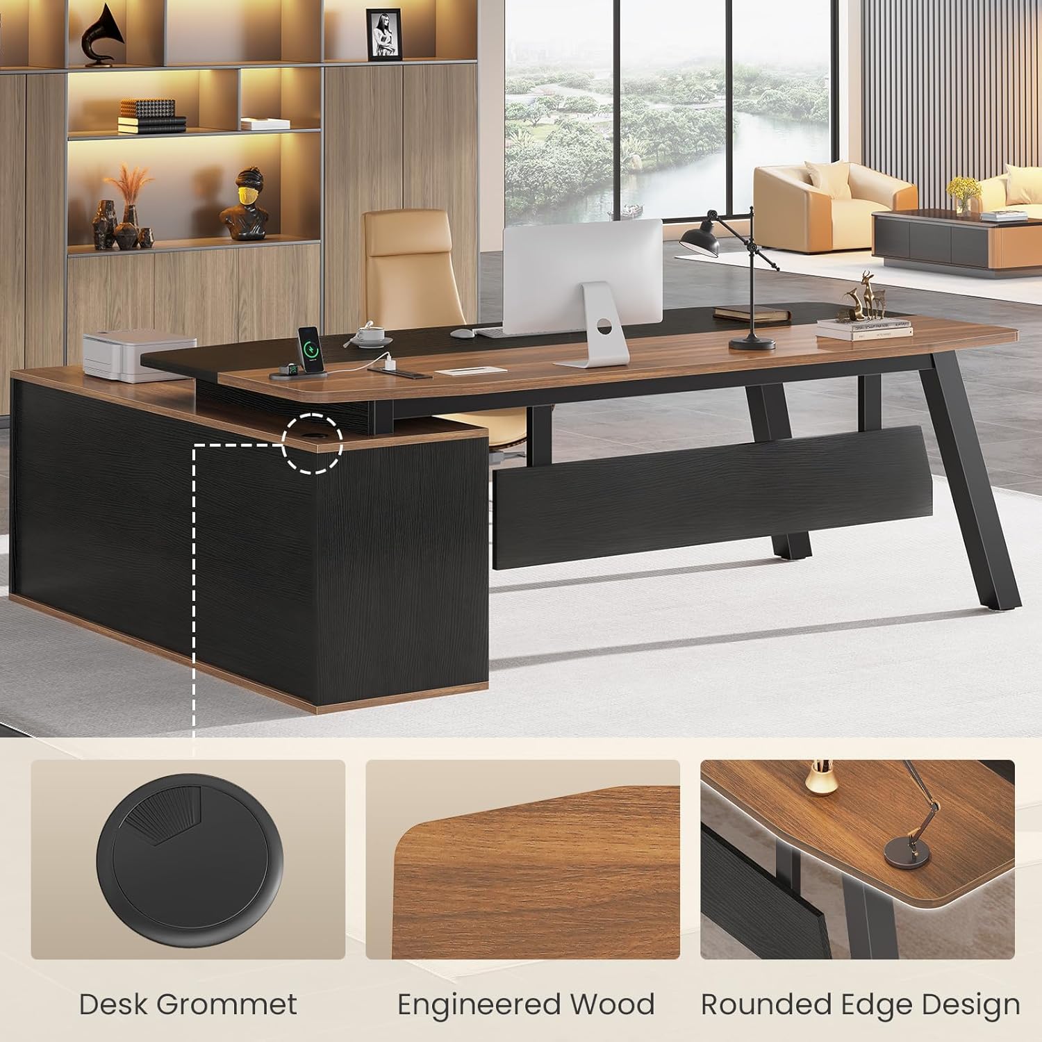SEDETA 71" Executive Desk with File Cabinet, Large Office Desk with Drawers and Shelves, L Shaped Computer Desk with Power Outlets, Business Furniture Desk Workstation for Home Office, Walnut - Image 8