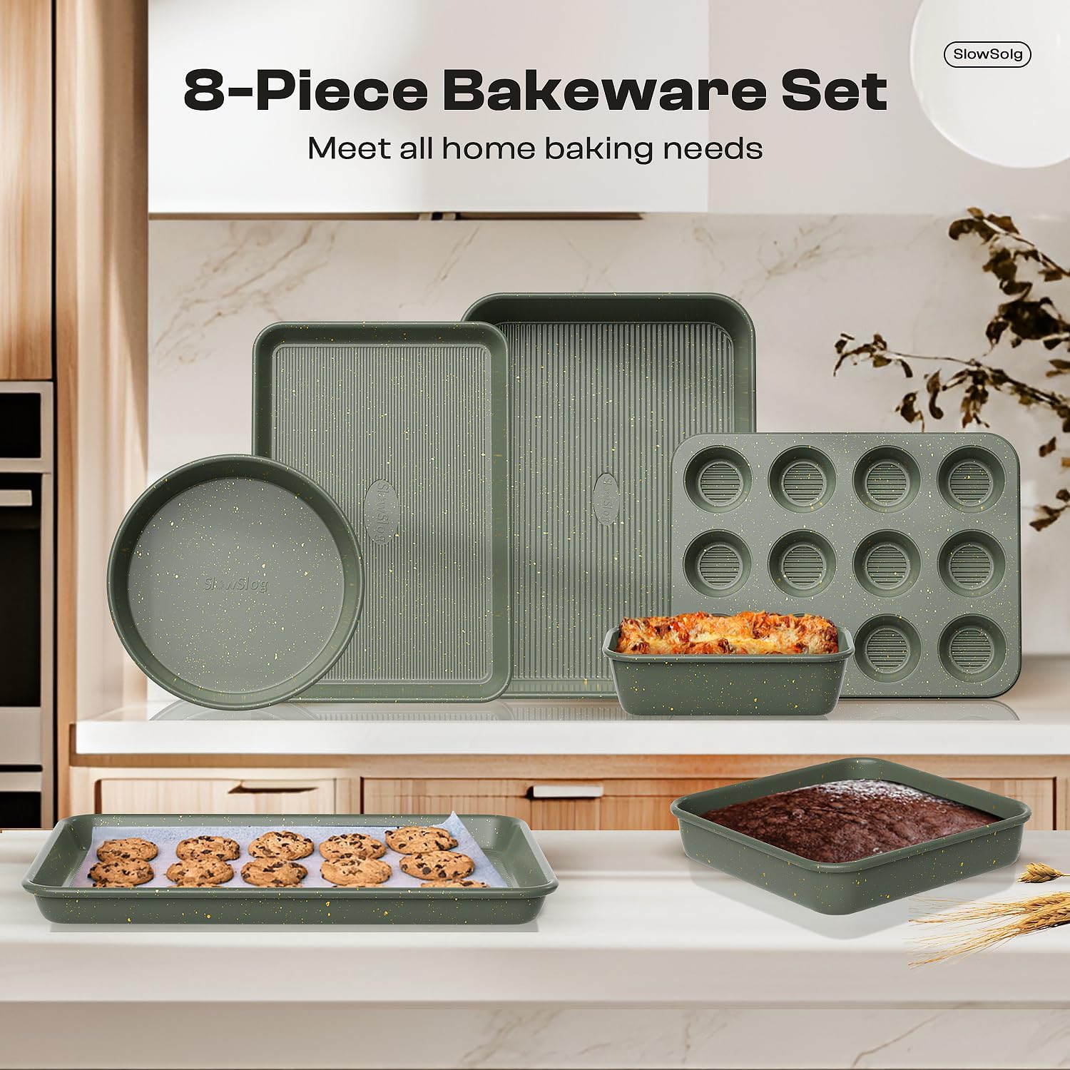 12-Piece Nonstick Baking Set, Non-Toxic Bakeware Sets with Baking Sheet, Cake Pan, Square Pan, Loaf Pan, Roasting Pan, Muffin Pan, Cookie Sheet, Cooling Rack & Kitchen Utensilss - Ceramic Coated Green - Image 8