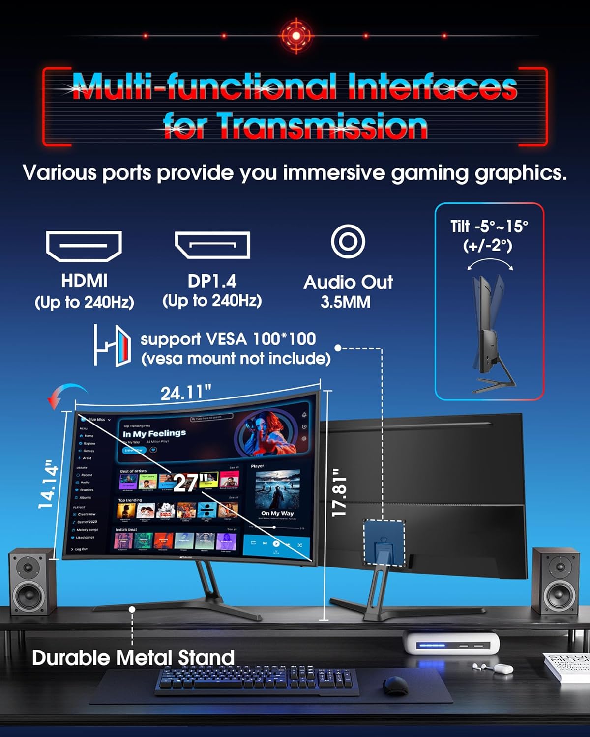 SANSUI 27 Inch Curved 240Hz Gaming Monitor FHD 1080P, 1500R Curve Computer Monitor, 130% sRGB, 4000:1 Contrast, HDR, FreeSync, MPRT 1Ms, Low Blue Light, HDMI DP Ports, Metal Stand, DP Cable Incl. - Image 9