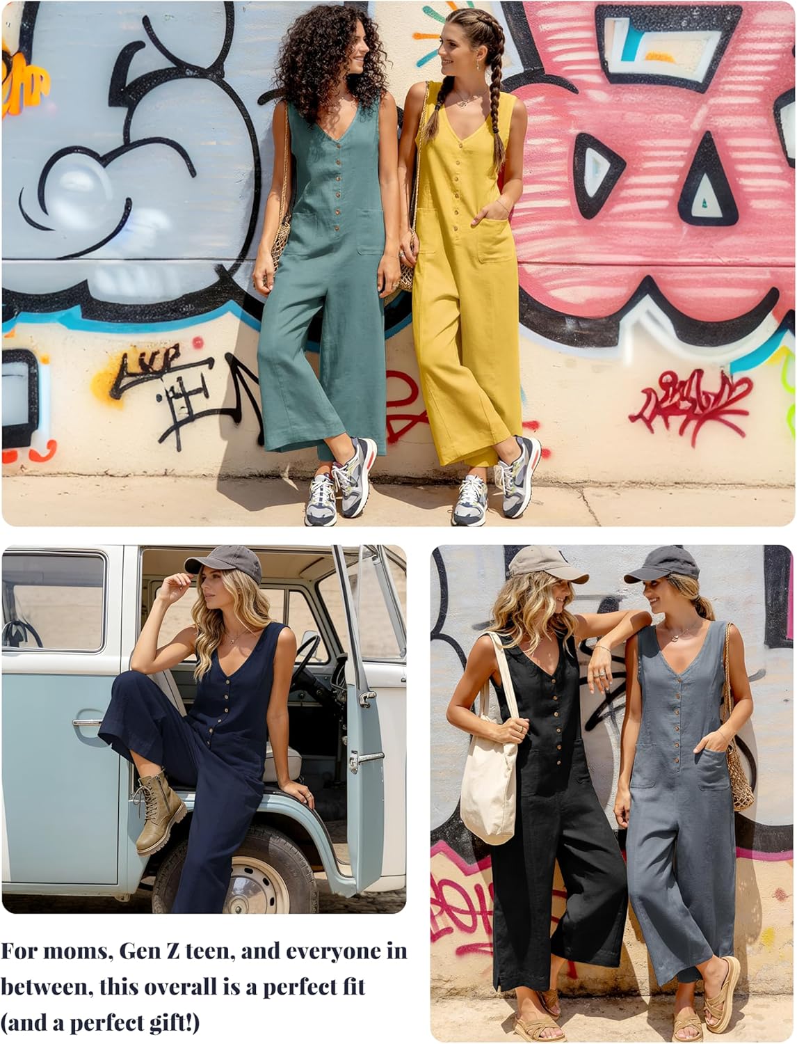 Yeokou Women Button Down Jumpsuits Cotton Linen Sleeveless Casual Wide Legs Rompers Loose Overall with Pockets - Image 7