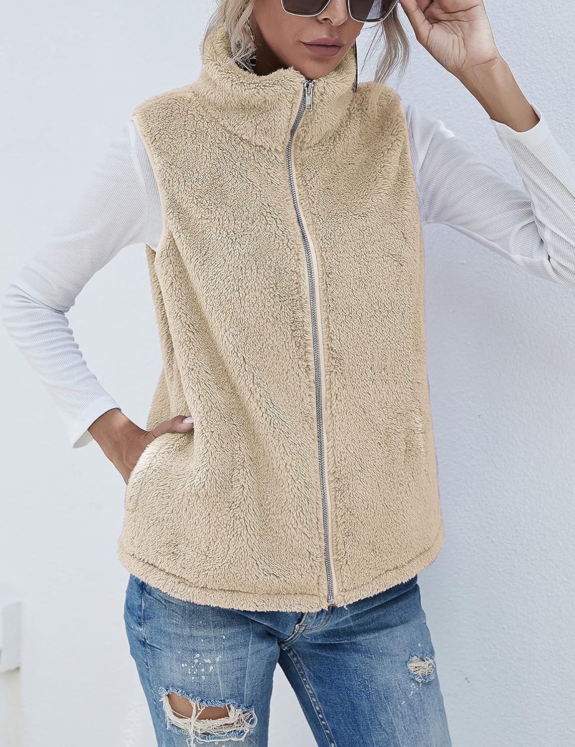 LOMON Womens Fuzzy Sherpa Fleece Jacket Lightweight Vest Cozy Sleeveless Cardigan Zipper Waistcoat Outerwear with Pocket - Image 4