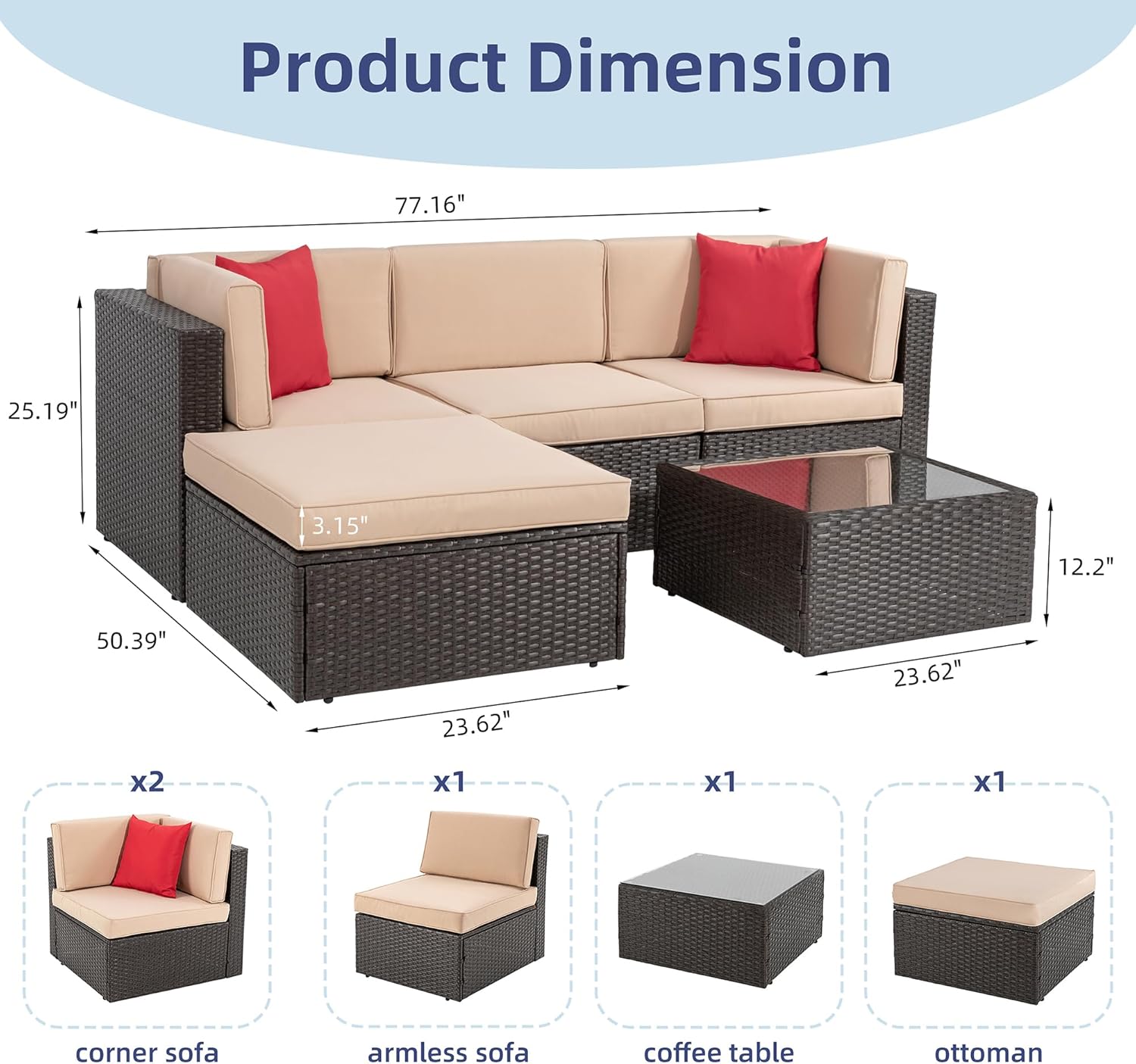 Vongrasig 5 Piece Patio Furniture Sets, Outdoor Patio Set Sectional Sofa, All-Weather PE Rattan Outdoor Couch with Ottoman, Glass Table for Garden, Backyard, Porch, Beige - Image 3