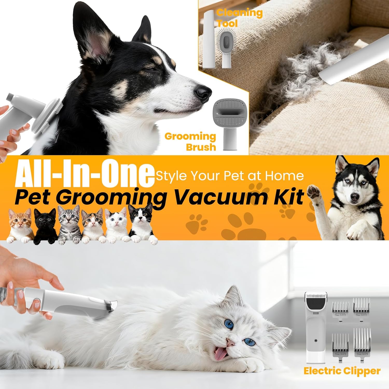 FIXR Dog Grooming Vacuum, All-in-One Pet Grooming Kit with Hair Clipper & Shedding Brush, Low Noise 12,000Pa Dog Hair Remover Vacuum, Pet Groomer Set with Cleaning Brushes, PG01 - Image 3