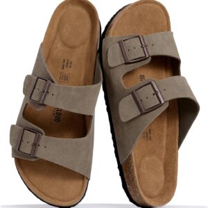 Project Cloud 100% Genuine Leather Mens Sandals – Memory Foam Insole & Cork Footbed Slides for Men Footwear – Non-Slip Summer Sandals for Men & Lightweight Mens Slides (Heritage)