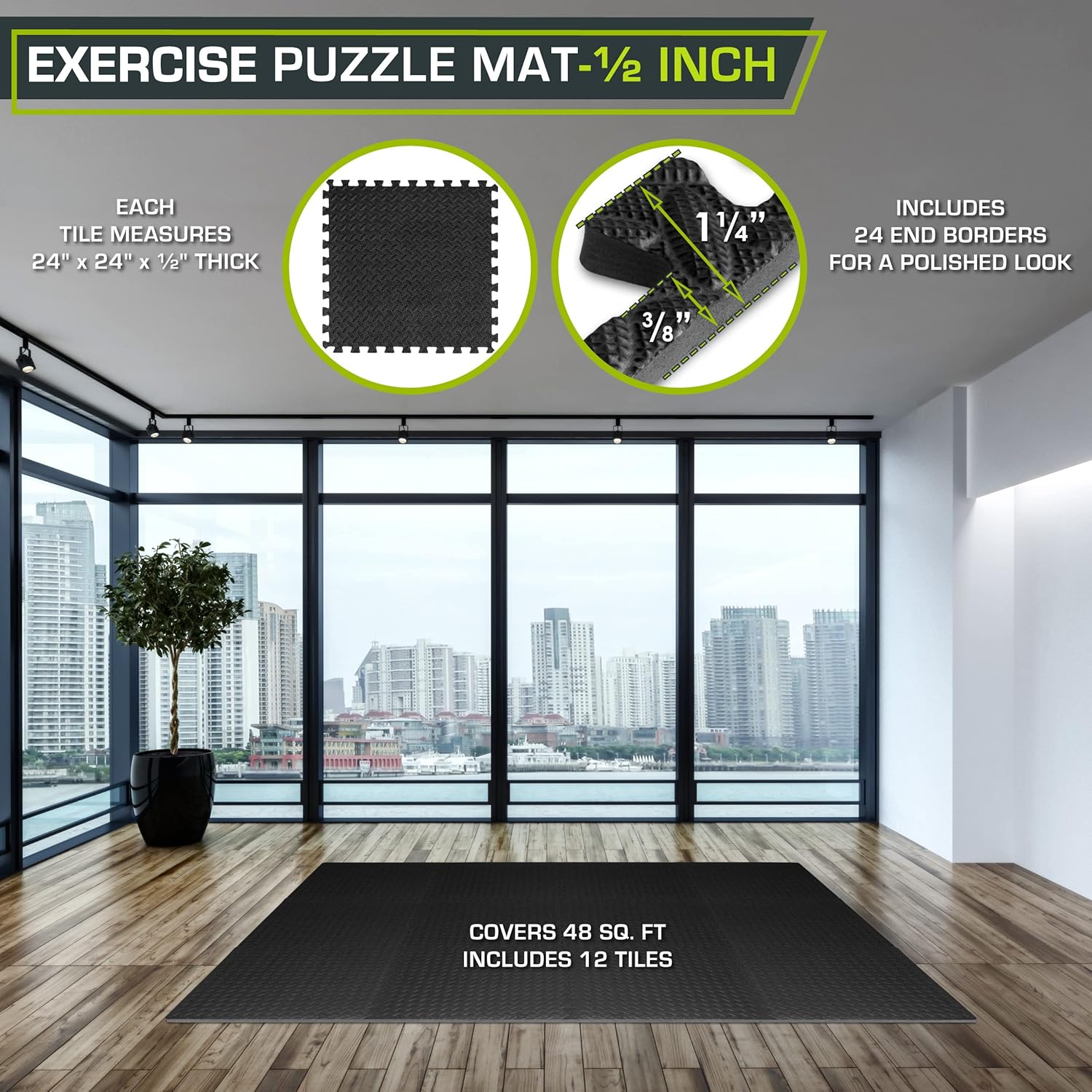 ProsourceFit Exercise Puzzle Mat ½-inch, EVA Interlocking Foam Floor Tiles for Home Gym, Workout Equipment, Kids Play Areas, Black, 48 SQ FT - 12 Tiles - Image 2