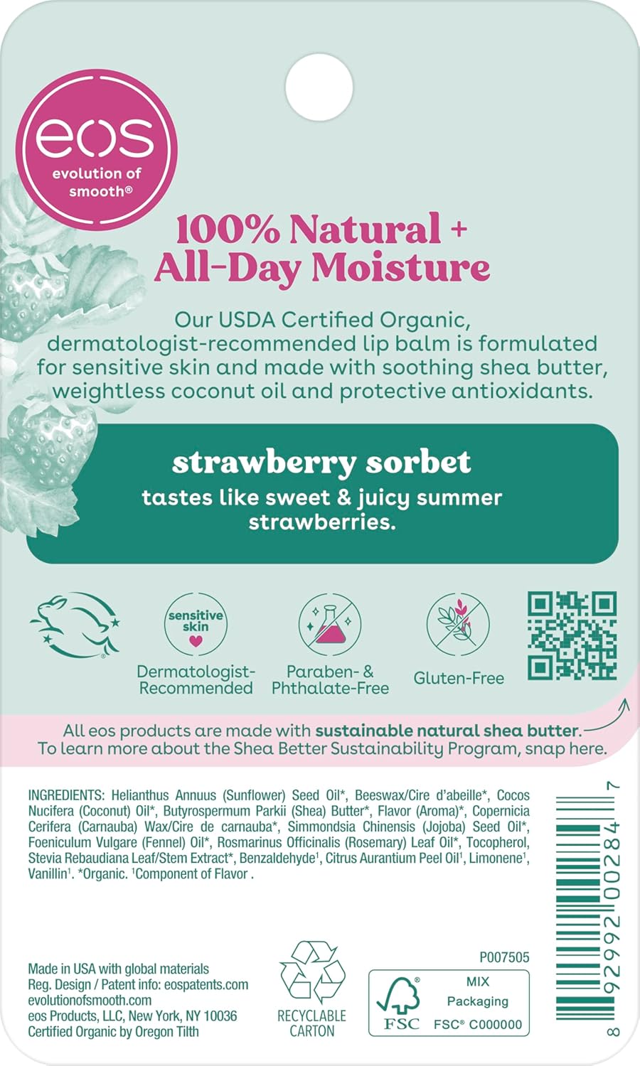 eos 100% Natural & Organic Lip Balm - Strawberry Sorbet, All-Day Moisture, Dermatologist Recommended for Sensitive Skin Care, Lip Care Products, 0.25 oz - Image 2