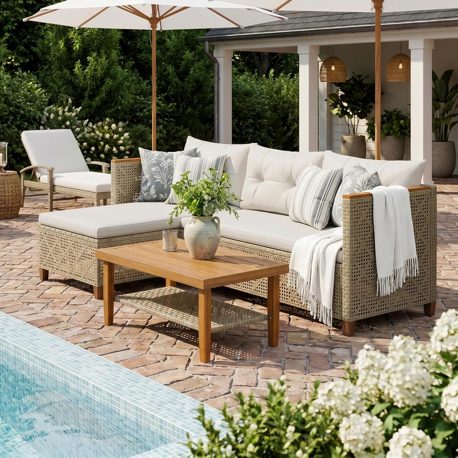Devoko Wicker Patio Furniture Set, 3 Pieces Outdoor Sofa with Tufted Pillow,PE Rattan Small Sectional Couch Set for Backyard, Deck,Porch & Poolside(Brown) - Image 7