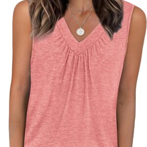 OFEEFAN Tank Top for Women Loose Fit Sleeveless Shirts V Neck Summer Clothes Ruched Women’s Tees and Tanks Curved Hem