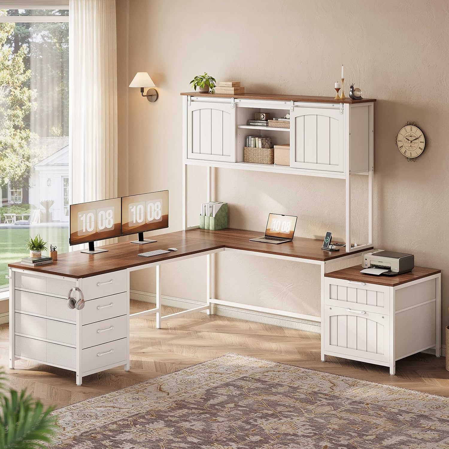 SEDETA Farmhouse L Shaped Office Desk with 6 Drawer, Reversible Computer Desk with Power Outlet, Hutch for Home Office/Two Person, Corner Desk with File Drawer & Printer Storage Shelves, White - Image 8