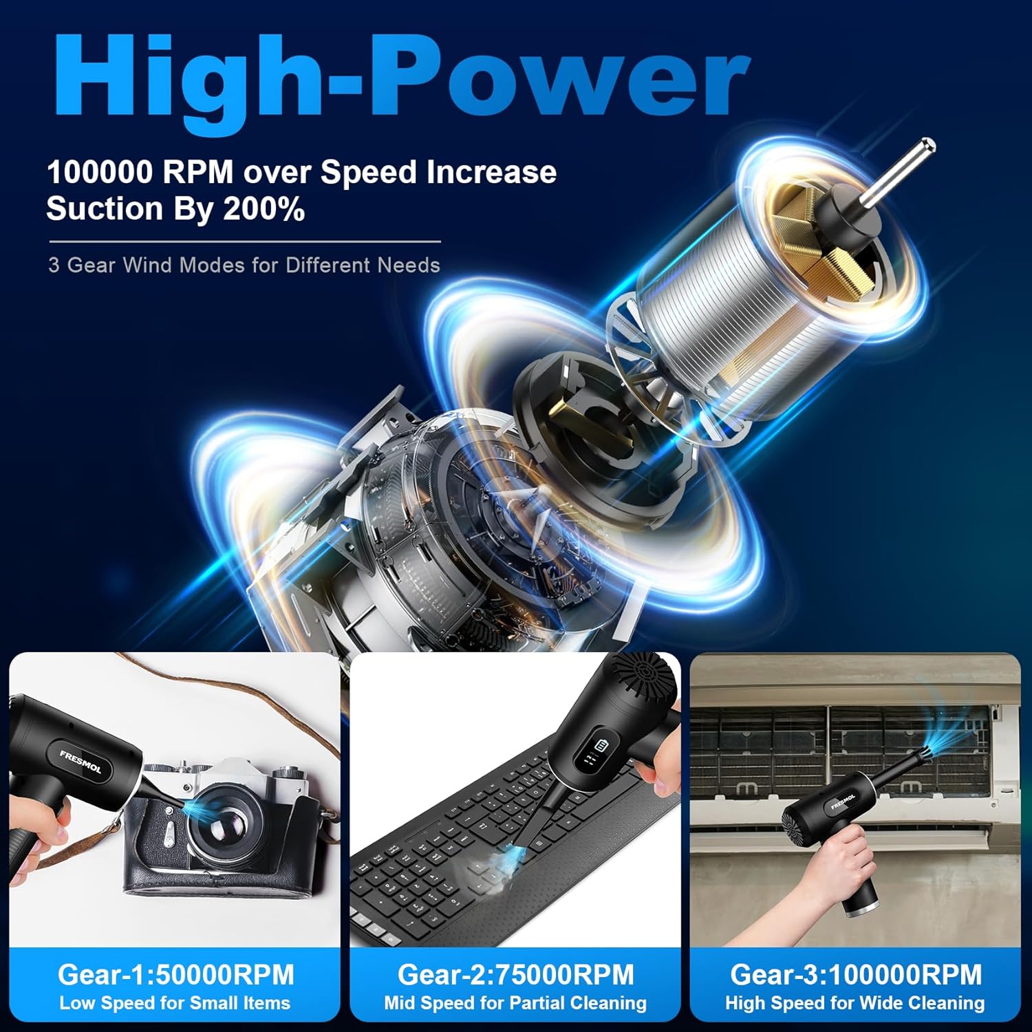 Compressed Air Duster-3 Gear Adjustable 100000RPM Electric Air Duster with LED Light, Rechargeable Cordless Air Blower for Keyboard Electric Devices Cleaning. Replaces Compressed Air Cans (Black) - Image 2