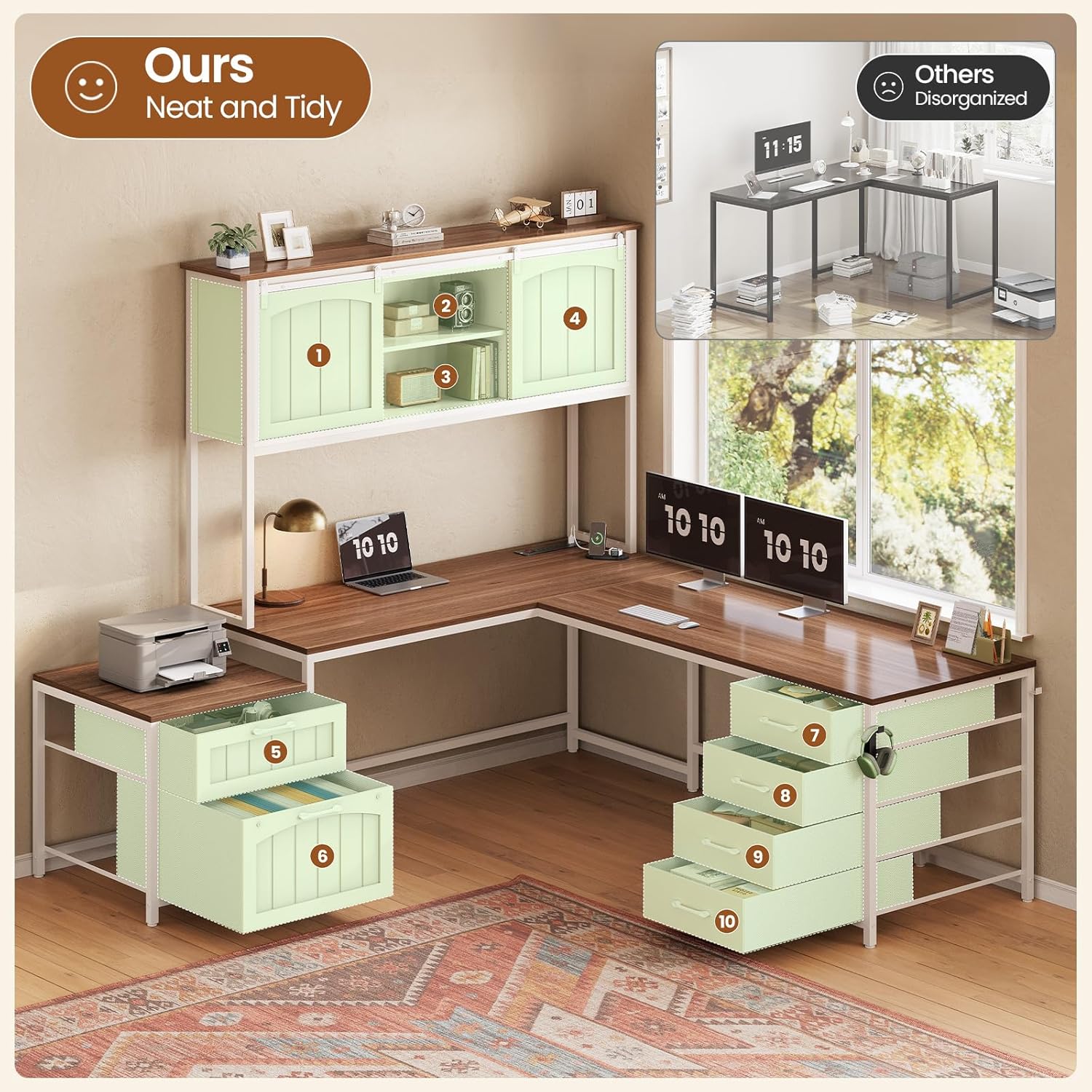 SEDETA Farmhouse L Shaped Office Desk with 6 Drawer, Reversible Computer Desk with Power Outlet, Hutch for Home Office/Two Person, Corner Desk with File Drawer & Printer Storage Shelves, White - Image 3
