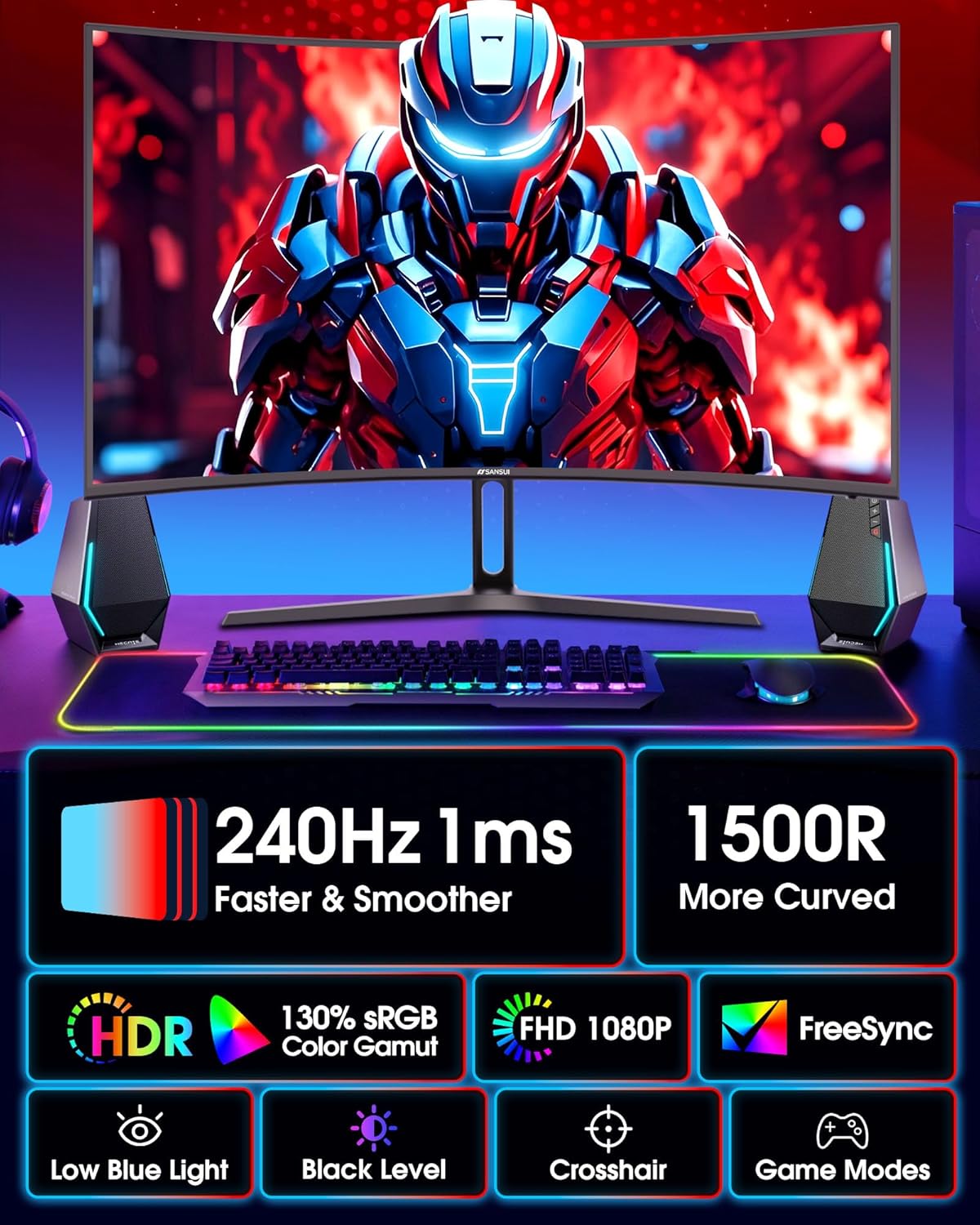 SANSUI 27 Inch Curved 240Hz Gaming Monitor FHD 1080P, 1500R Curve Computer Monitor, 130% sRGB, 4000:1 Contrast, HDR, FreeSync, MPRT 1Ms, Low Blue Light, HDMI DP Ports, Metal Stand, DP Cable Incl. - Image 2