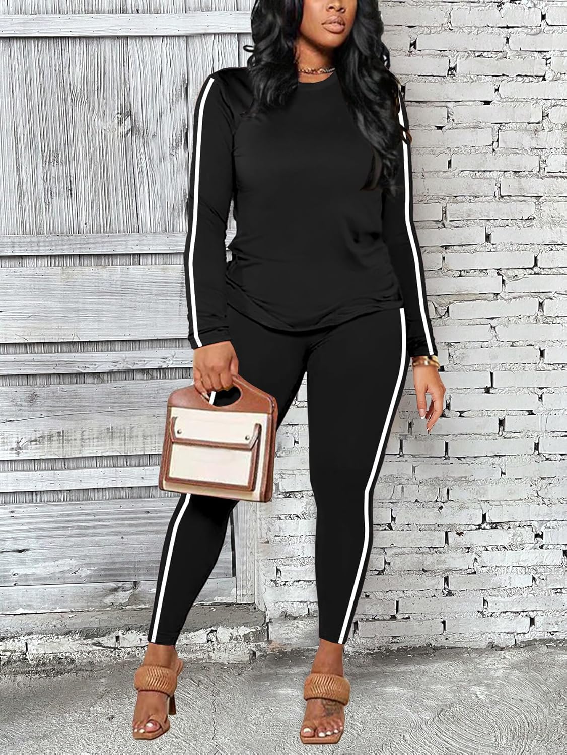 Women's 2 Piece Classic Striped Outfits Full Sleeve Lounge Long Sweatpants Jogger Matching Tracksuits Sports Sets - Image 2