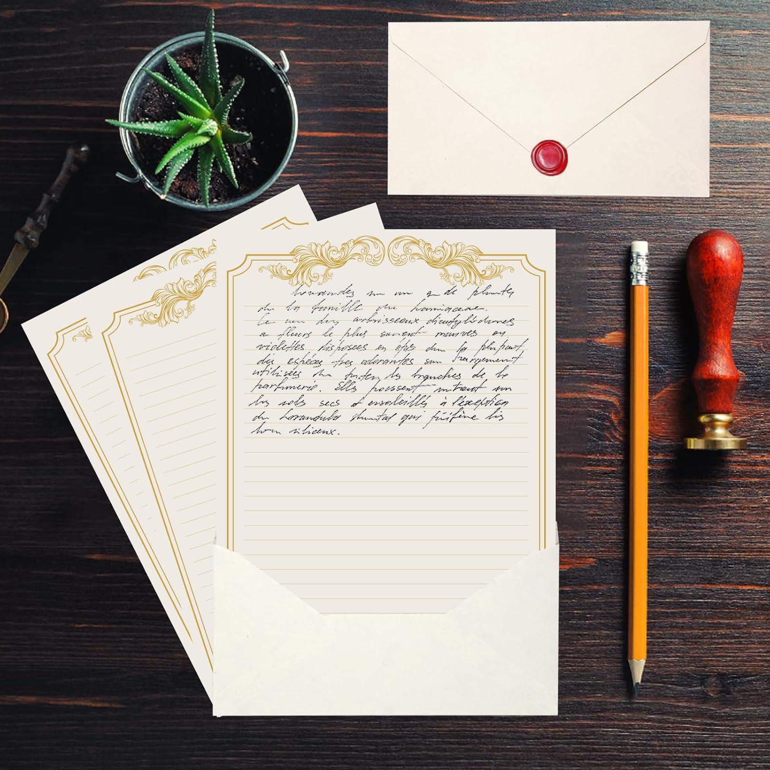 XXINMOH 90 Piece Stationery Set - 60 Vintage-Style Paper Sheets + 30 Envelopes, Gold Border Letter Writing Paper for Love Letters & Party Invitations - Image 6