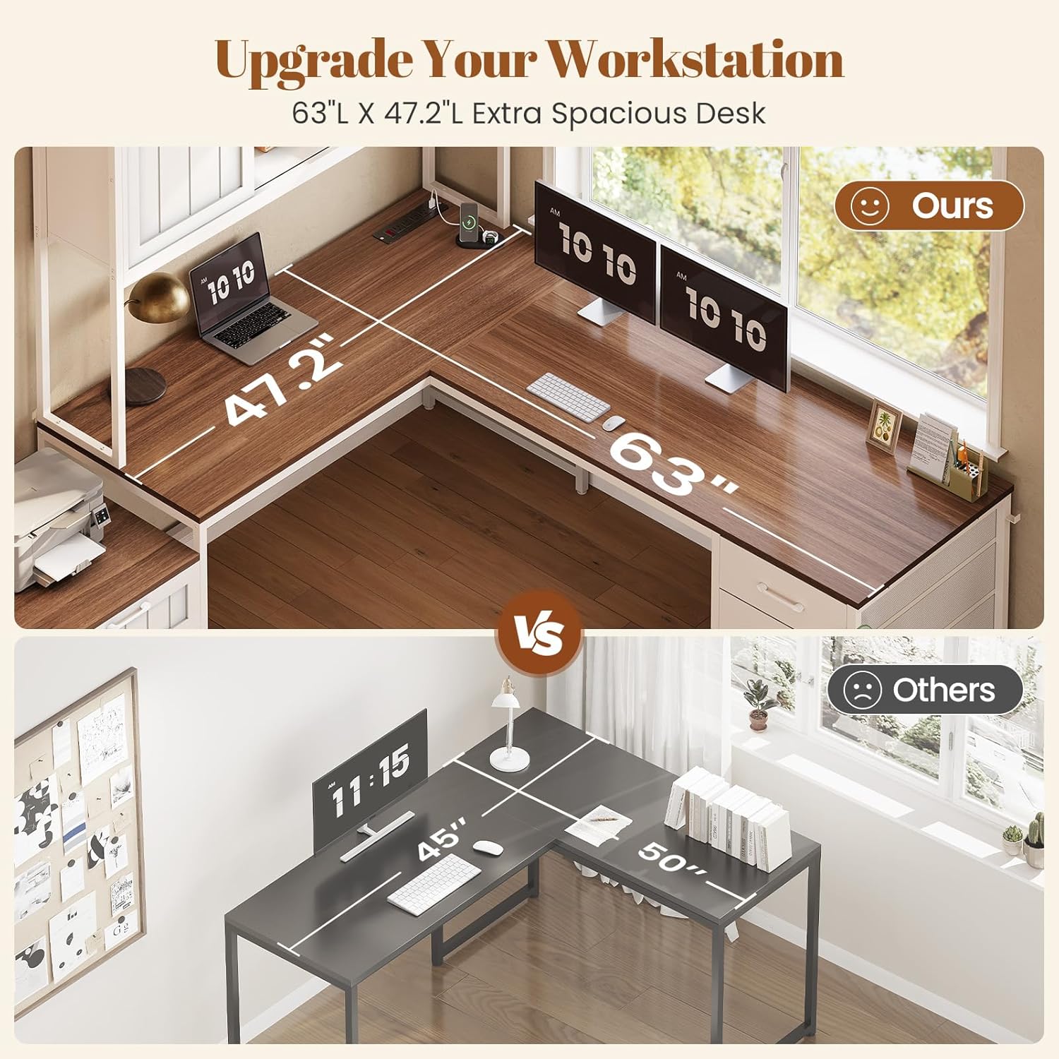 SEDETA Farmhouse L Shaped Office Desk with 6 Drawer, Reversible Computer Desk with Power Outlet, Hutch for Home Office/Two Person, Corner Desk with File Drawer & Printer Storage Shelves, White - Image 7