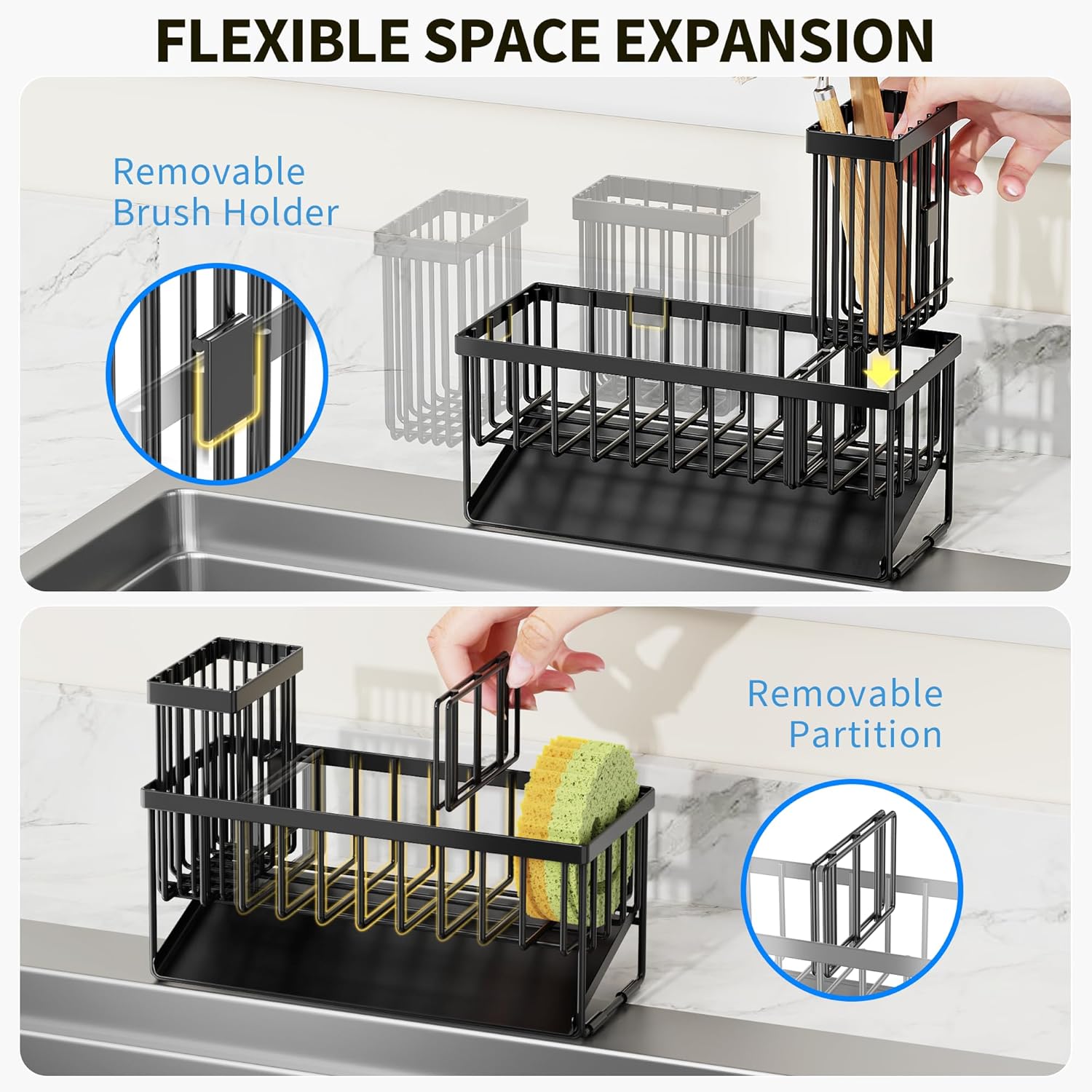 Cisily Sink Caddy Sponge Holder for Kitchen with Brush Holder and Stainless Steel Self Drain Tray, Rustproof Kitchen Sink Organizer for Sponge, Soap Dispenser Storage Accessories - Image 3