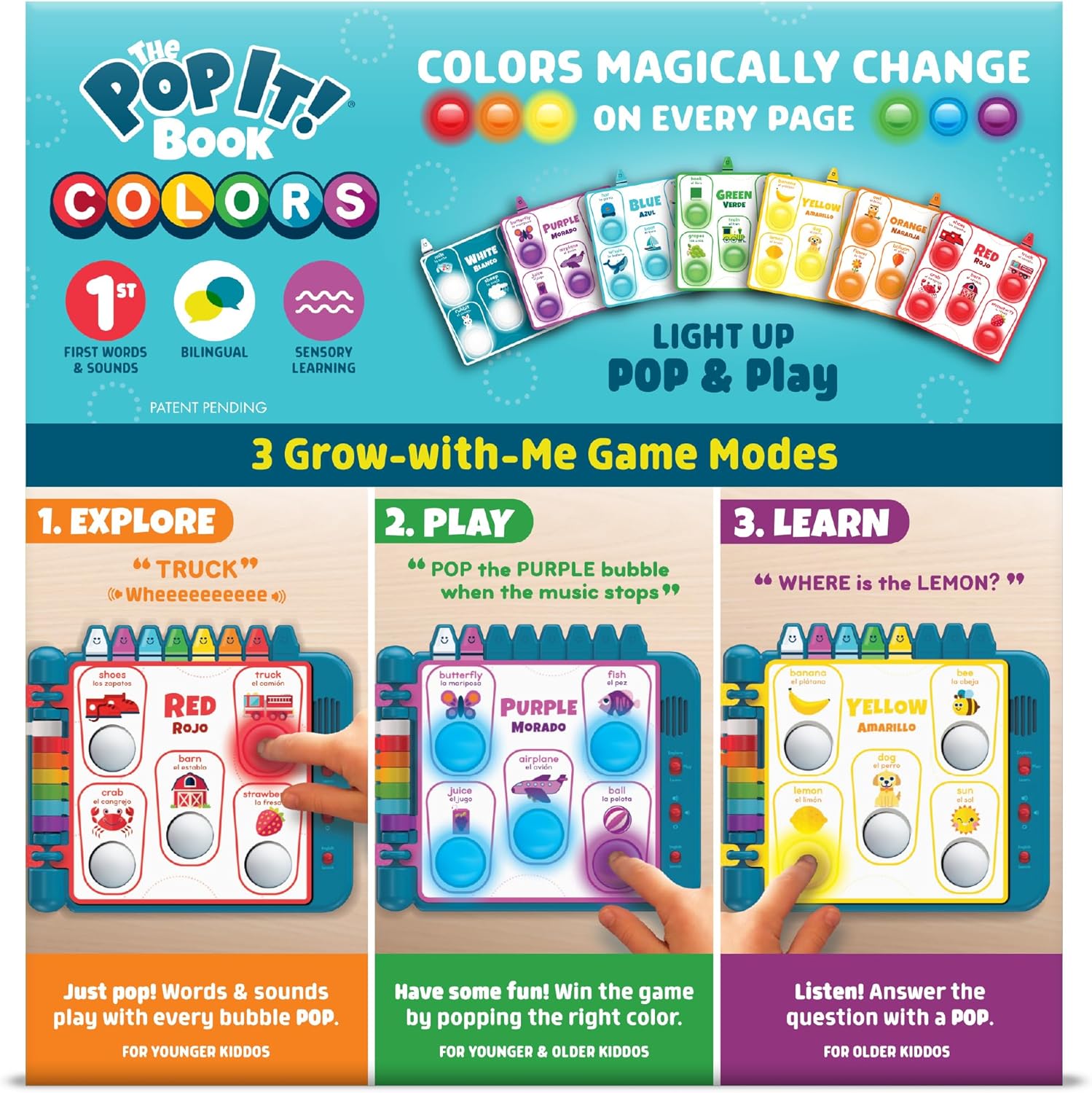 Chuckle & Roar Pop It! Book: Colors – Interactive Sensory Learning Book with Bilingual English & Spanish Play, Grow-with-Me Modes, Quiet Mode, Color Learning Toy for Toddlers Ages 1–4+ - Image 7