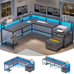 SEDETA L Shaped Desk, 66″ Home Office Desk with Wood File Drawer & Power Outlet, Gaming Desk with Led Lights, Corner Computer Desk with Monitor Shelf, Printer Storage Shelves, Two Person Desk, Grey
