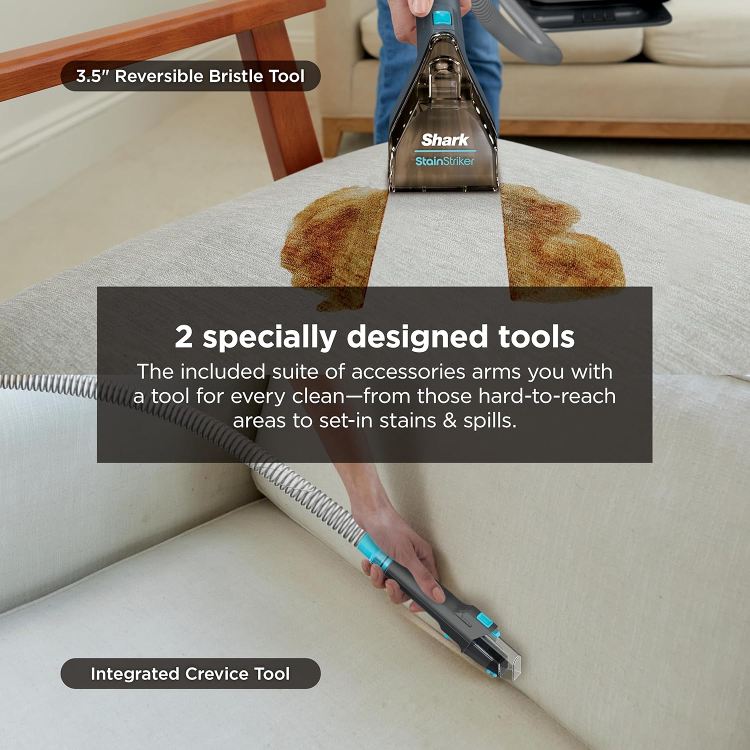 Shark StainStriker Portable Carpet & Upholstery Cleaner with On-Board Self-Cleaning, Spot, Stain, & Odor Eliminator, Includes 2 Cleaning Tools, 2 Cleaning Solutions, Charcoal, PX221BRN - Image 5