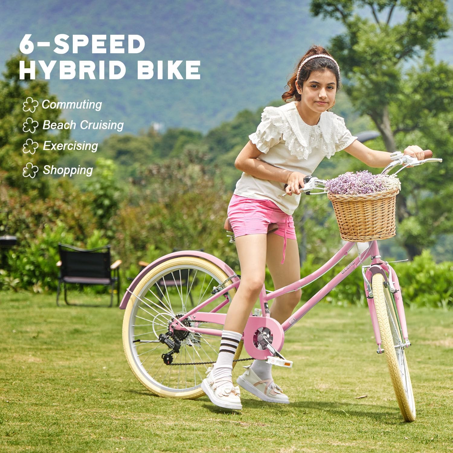 Glerc 20 24 26 Inch Beach Cruiser Bike, 6-Speed Hybrid City Bicycle for Girls Youth and Over 6 Years Old, Missy Bike with Wicker Basket & Lightweight, Multiple Colors - Image 2