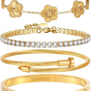 18K Gold Plated Bangle Bracelet Set for Women Stackable Lucky Floral Adjustable Tennis Bracelet Non Tarnish Gift Jewelry for Christmas Valentines Birthday Mother’s Day