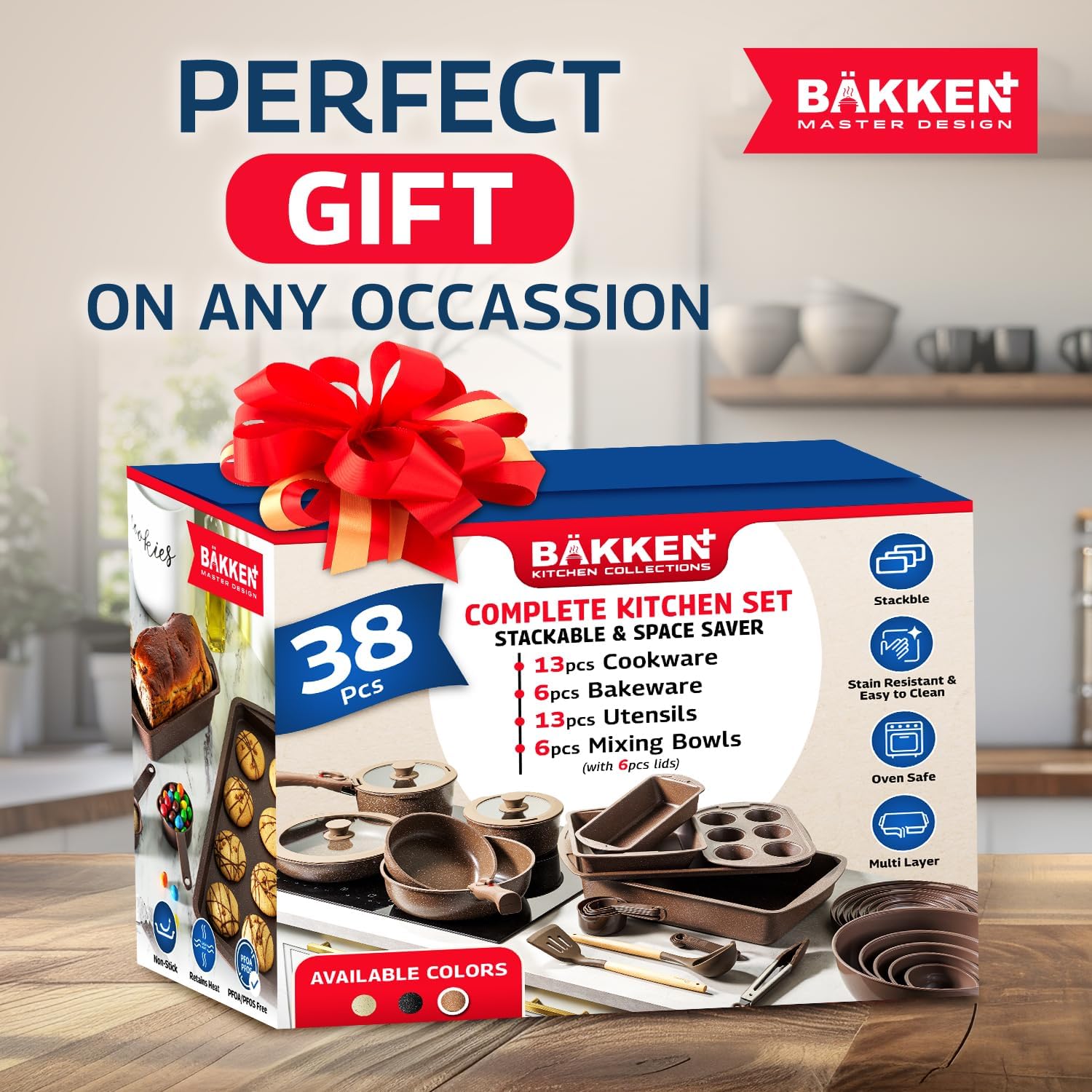 Bakken Master 38 Piece Granite Cookware and Bakeware Set – Nonstick Granite Coating, Pots and Pans with Detachable Handles and Tempered Glass Lids, 6-piece Bakeware set, 12-piece Mixing Bowls,Brown - Image 9