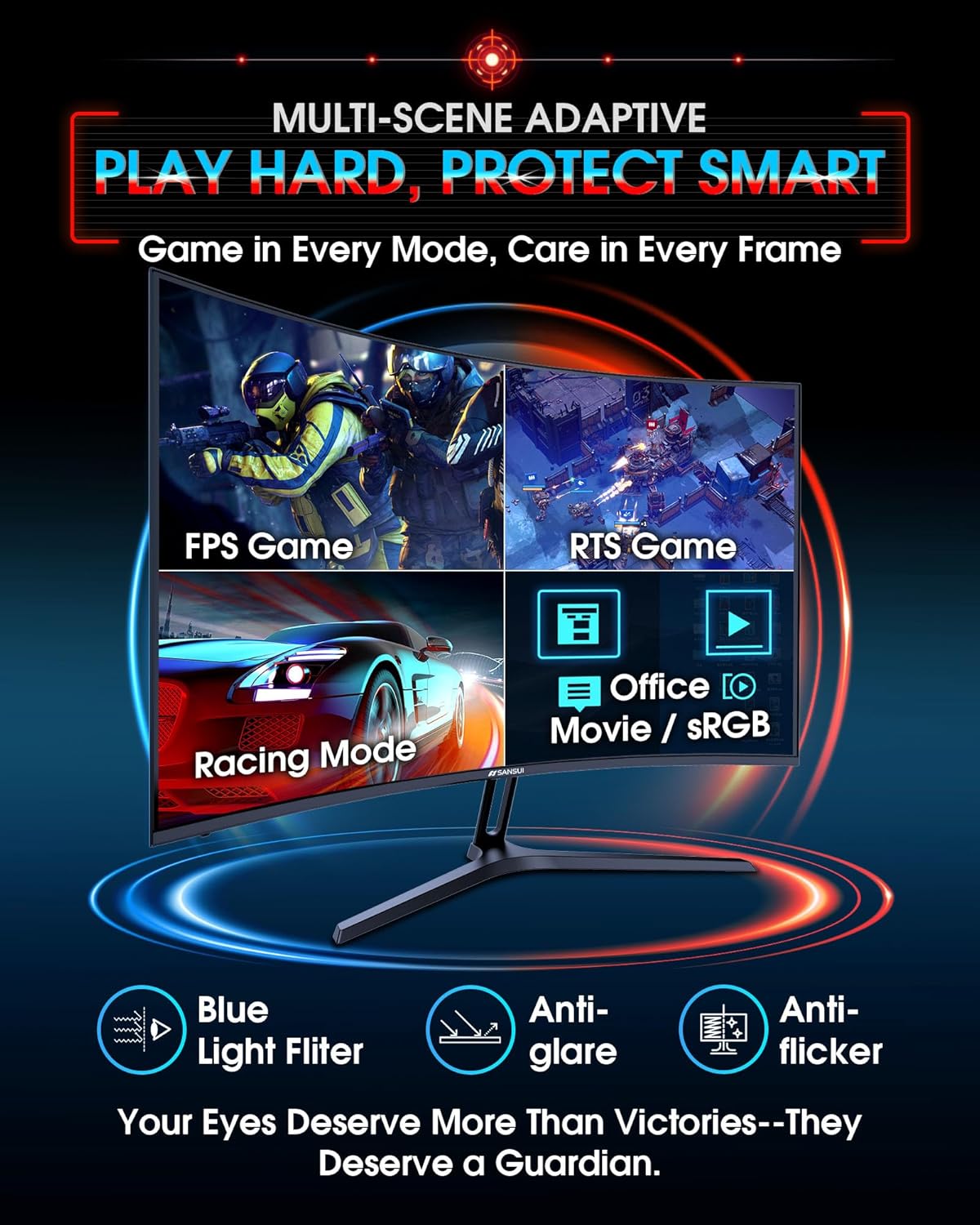 SANSUI 27 Inch Curved 240Hz Gaming Monitor FHD 1080P, 1500R Curve Computer Monitor, 130% sRGB, 4000:1 Contrast, HDR, FreeSync, MPRT 1Ms, Low Blue Light, HDMI DP Ports, Metal Stand, DP Cable Incl. - Image 8