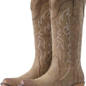 IUV Cowboy Boots for Women Mid Calf Fashion Cowgirl Boots with Embroidery Western Snip Toe