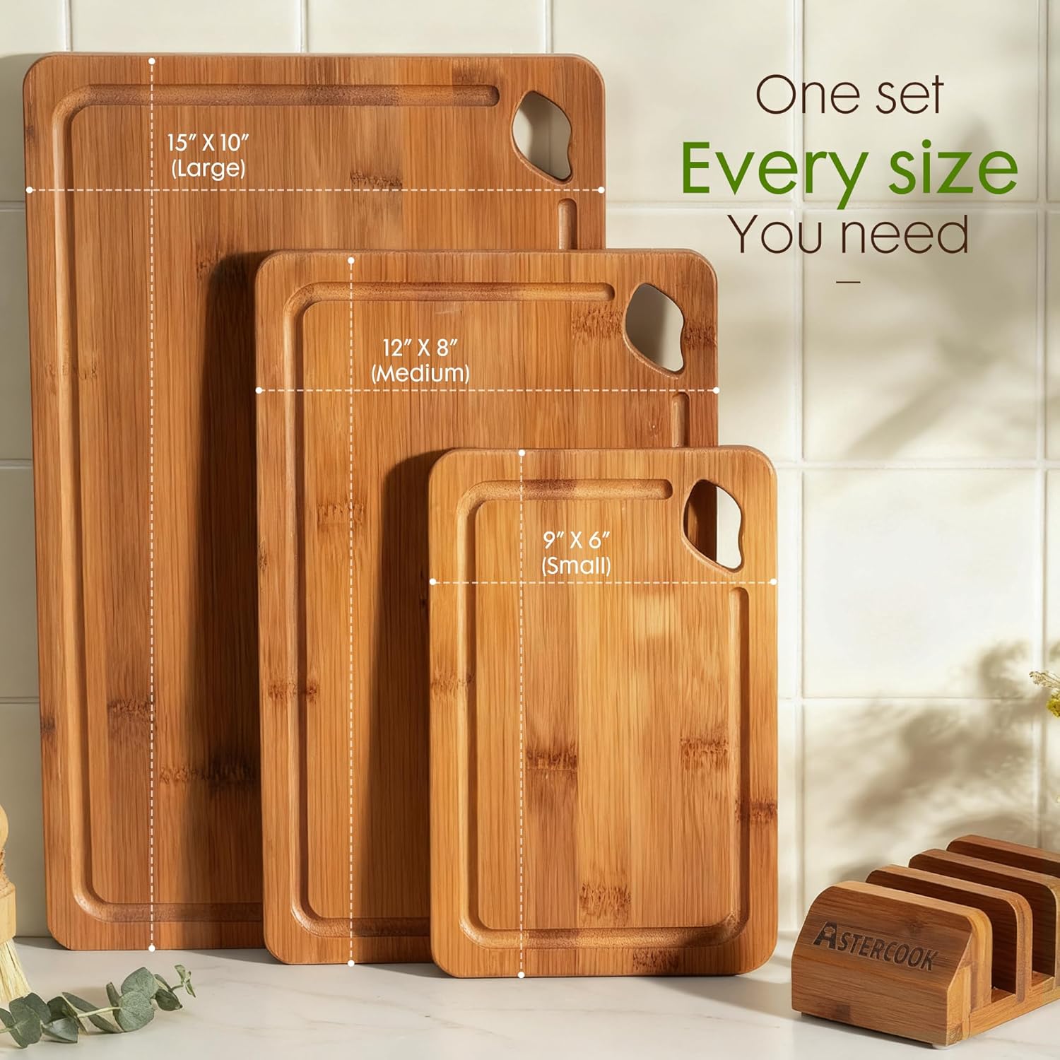 Astercook Deep-Carbonized Bamboo Cutting Boards for Kitchen with Wood Storage Stand, Reversible Charcuterie & Chopping Boards with Juice Grooves and Easy-Grip Handles, Mothers Day Gifts - Image 8