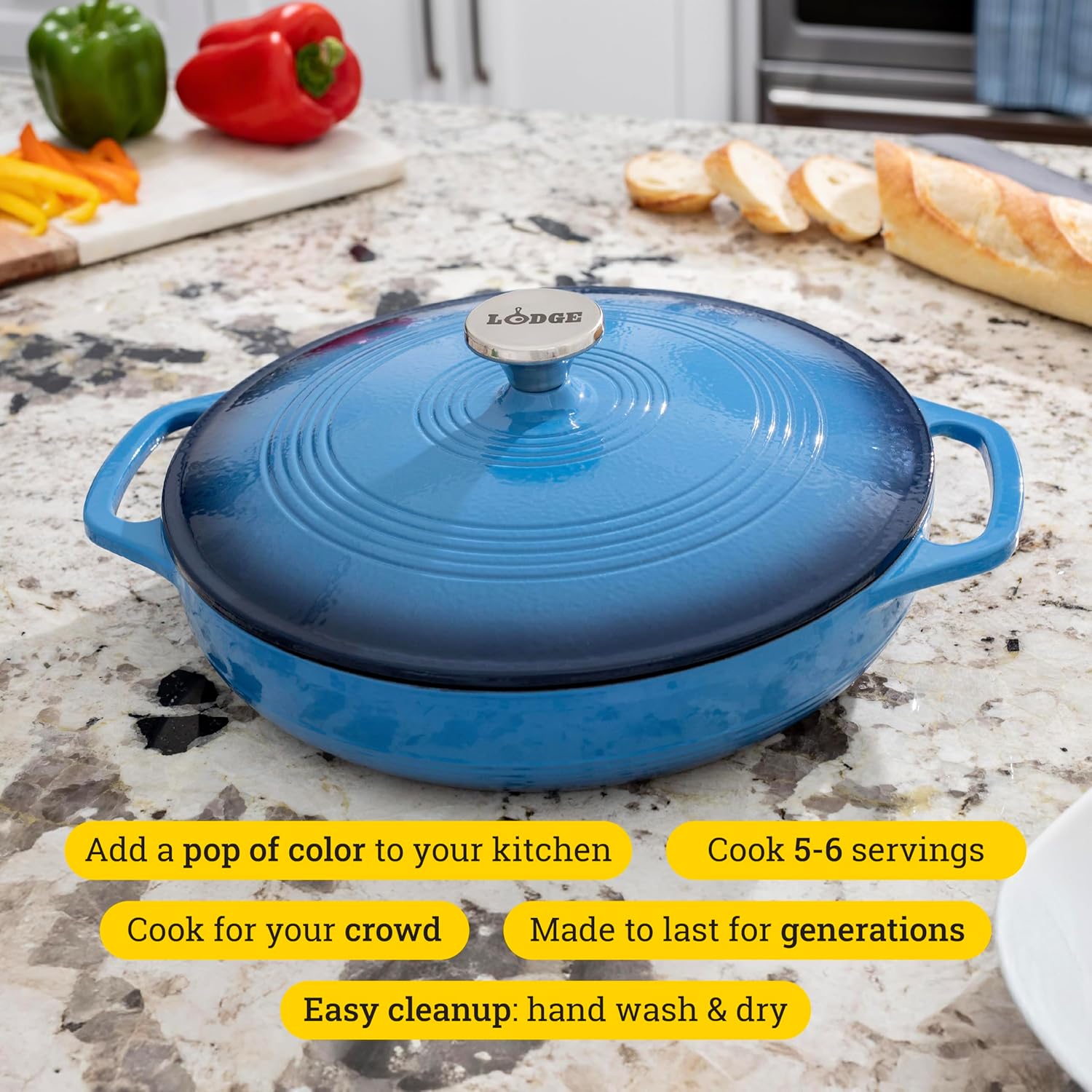 Lodge Essential Enamel Braiser - Refrigerator- & Oven-Safe up to 500° F - Heat-Retaining, Induction-Safe & PFAS-Free Enamel Cookware - 3.5 Quart, Caribbean Blue - Image 2