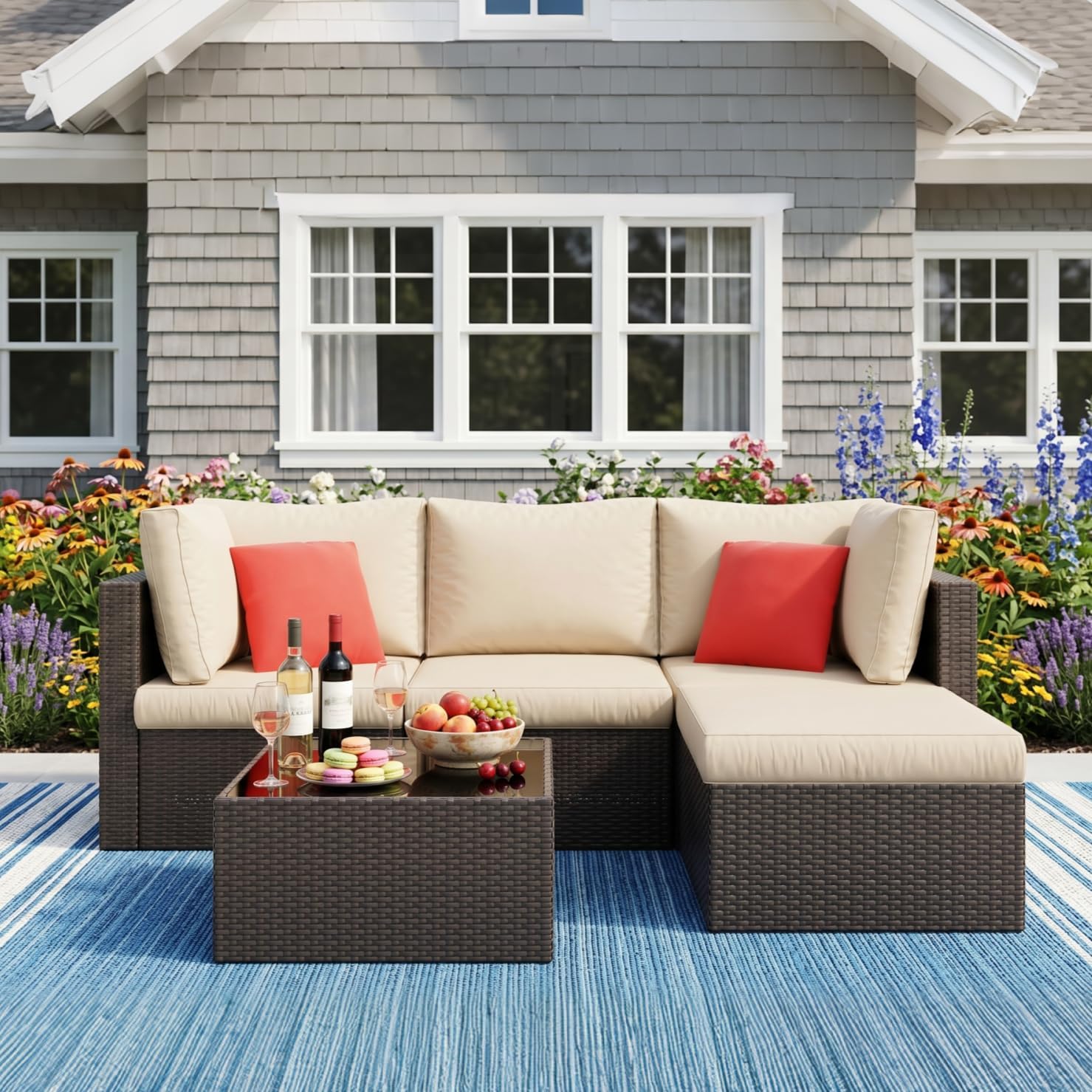 Vongrasig 5 Piece Patio Furniture Sets, Outdoor Patio Set Sectional Sofa, All-Weather PE Rattan Outdoor Couch with Ottoman, Glass Table for Garden, Backyard, Porch, Beige - Image 2