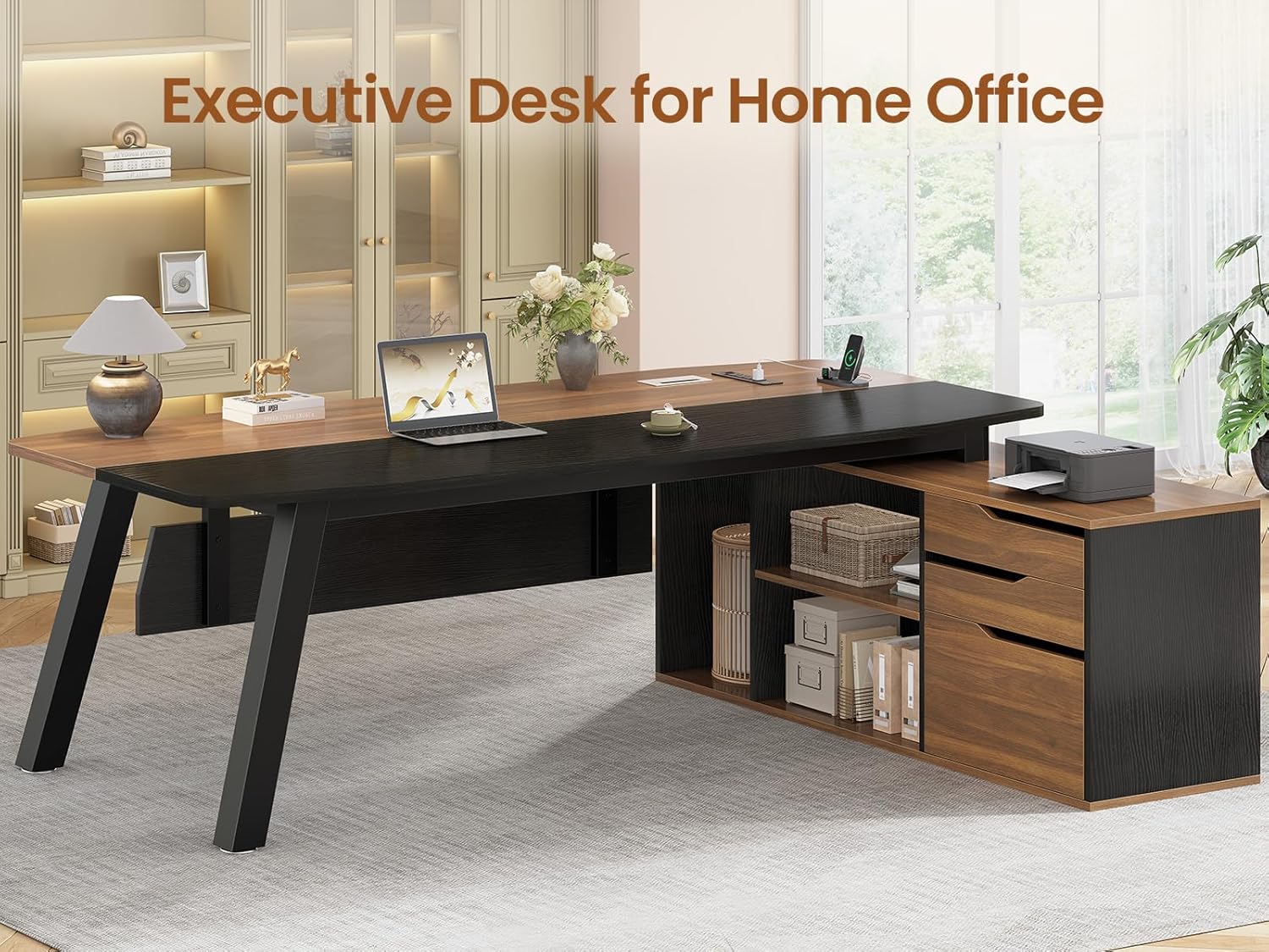 SEDETA 71" Executive Desk with File Cabinet, Large Office Desk with Drawers and Shelves, L Shaped Computer Desk with Power Outlets, Business Furniture Desk Workstation for Home Office, Walnut - Image 4