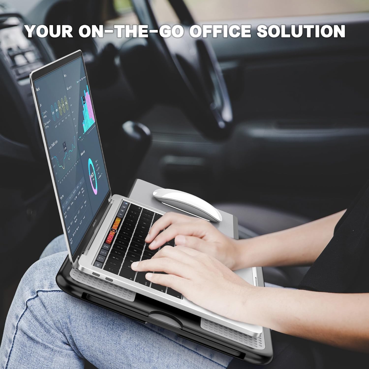AboveTEK Portable Laptop Lap Desk w/Retractable Left/Right Mouse Pad Tray, Non-Slip Heat Shield Tablet Notebook Computer Stand Table w/Sturdy Stable Work Surface for Bed Sofa Couch or Travel - Image 2