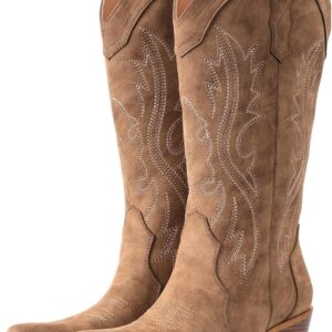 IUV Cowboy Boots For Women Western Cowgirl Boots with Chunky Heel Mid Calf Snip Toe Ideal for low insteps