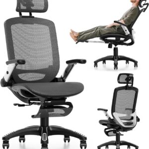 GABRYLLY Ergonomic Office Chair with Footrest, High Back Home Desk Chair – 3D Headrest, Flip-Up Arms, 135° Tilt and Wide Cushion, Heavy Duty Mesh Chairs for Task Computer Gaming, GYB01-FT