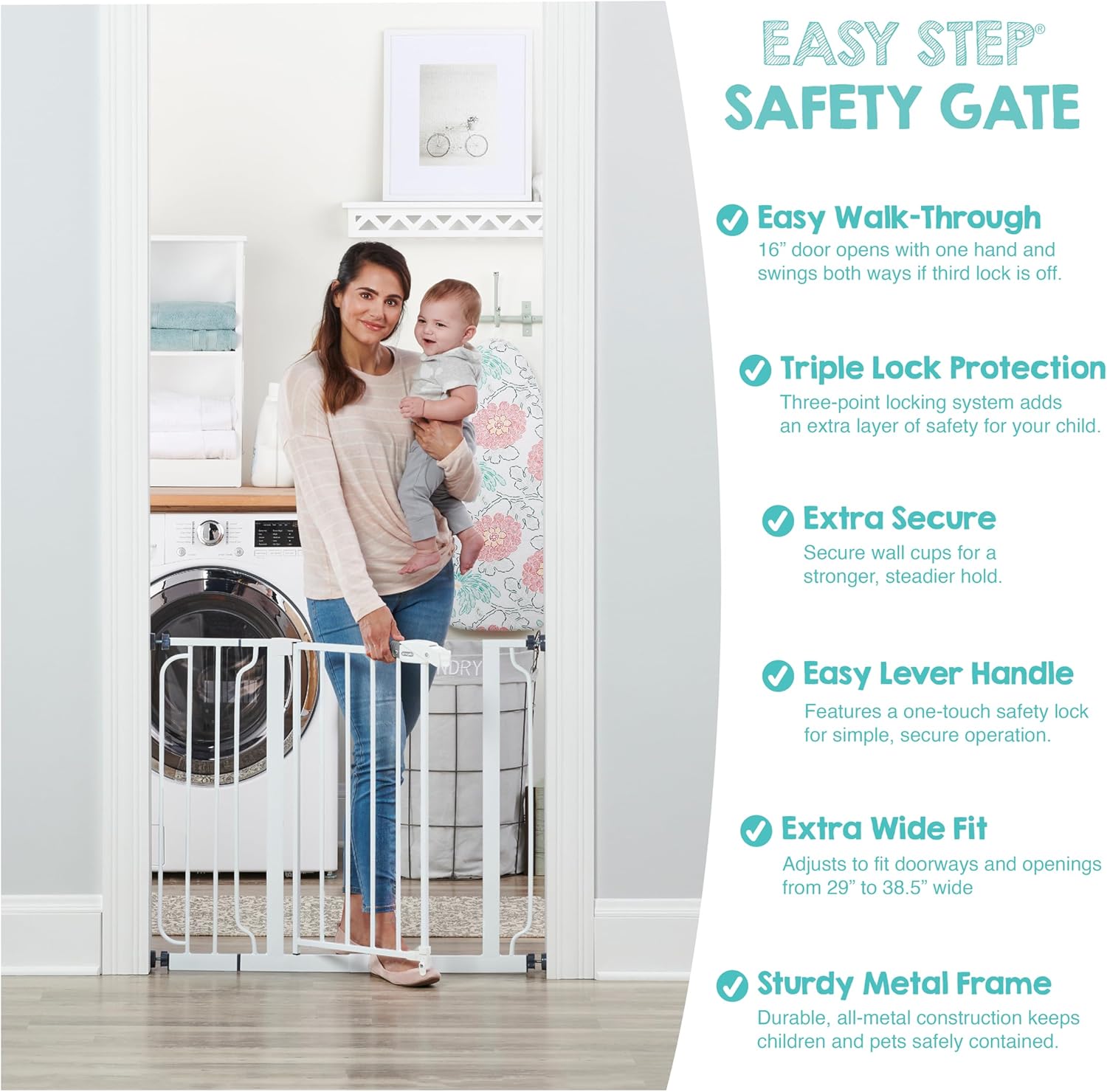 Regalo Safety 29-38.5" Baby Gate for Doorways & Bottom of Stairs, Pressure Mounted Baby Gate with Door for Babies, Toddlers & Pets, Tested & Safe for 30 Years, American Designed, American Owned, White - Image 3