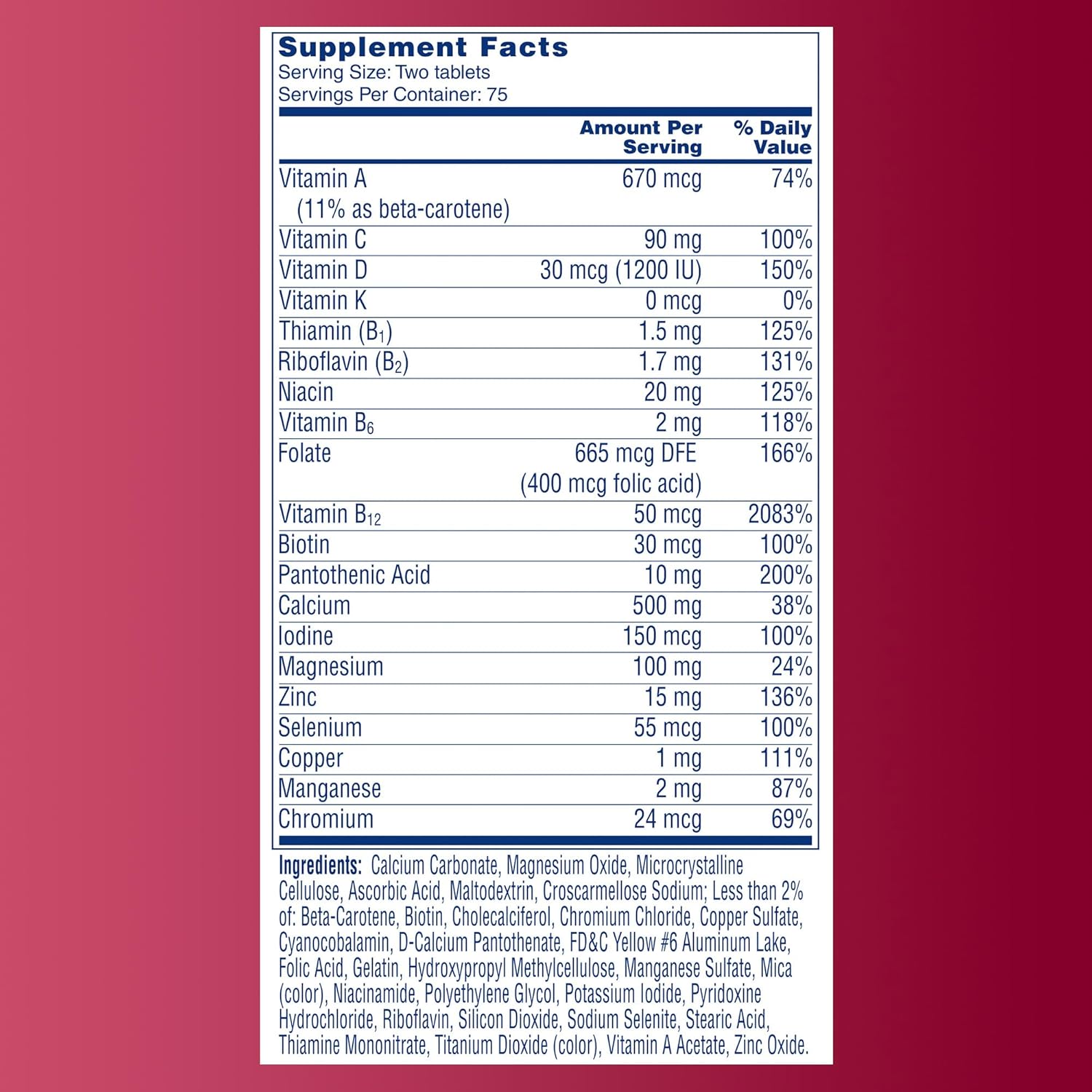 One A Day Proactive 65+, Mens & Womens Multivitamin, Supplement with Vitamin A, C, D, and Zinc to Support Bone Health & Cell Health, Calcium, Folic Acid, Tablet 150 Count - Image 8
